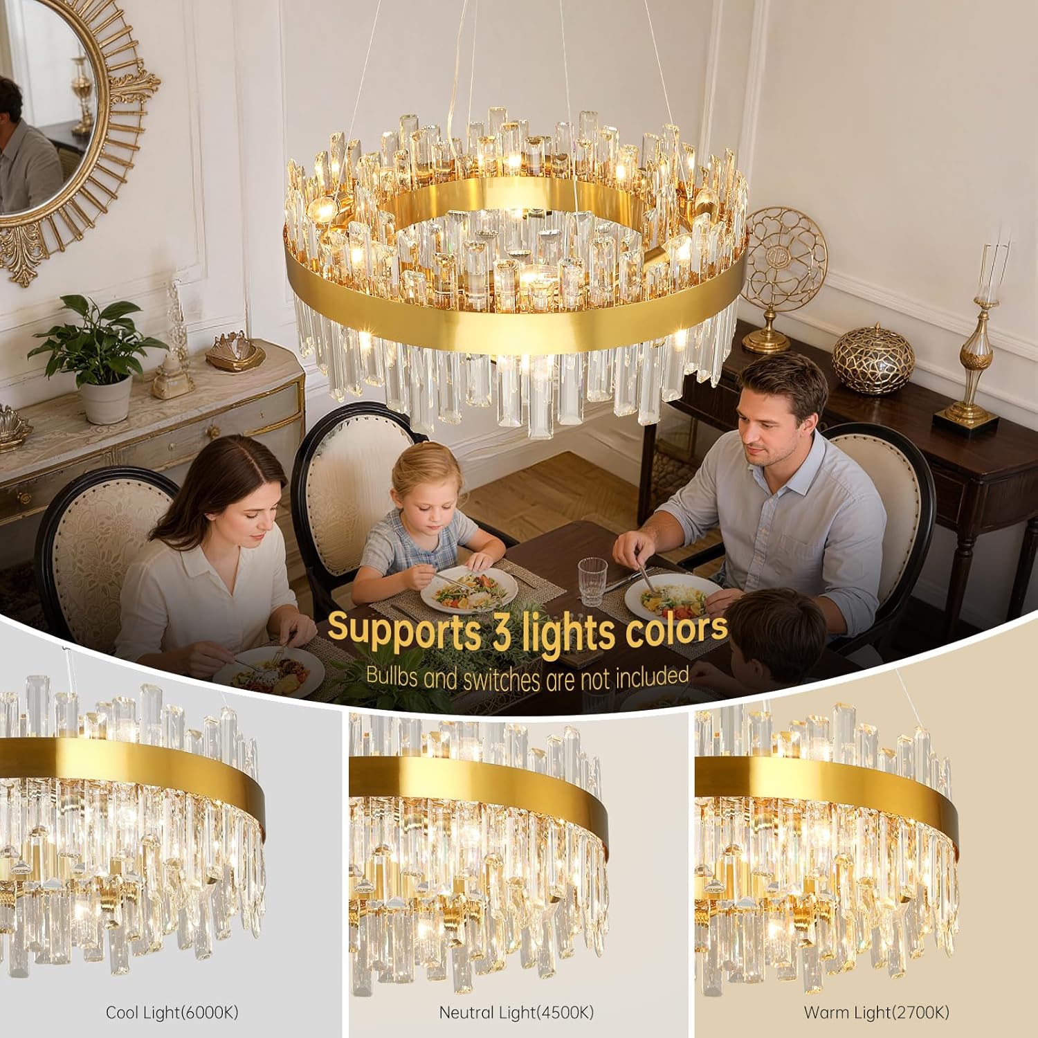 Crystal Chandeliers for Dining Room Lights Fixtures, 12 Lights Luxury Gold Modern Chandeliers for Bedroom, 2-Tier Round Crystal Lighting Fixtures for Living Room Entryway Kitchen Island D20 Inch