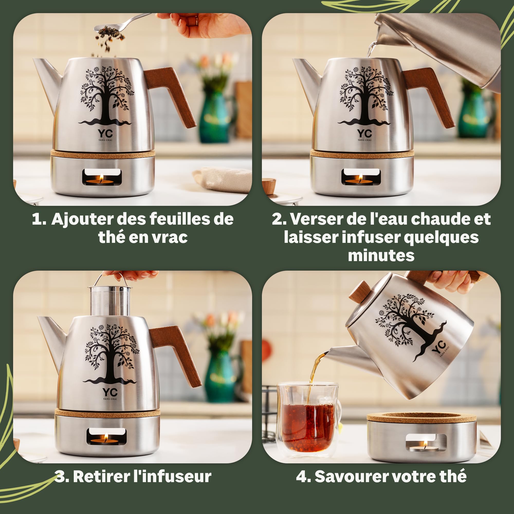 YC Yang Chai Théière avec Filtre 1,3L – Théière Design avec Réchaud Chauffe-Thé et Poignée en Bois – Accessoire Elégant pour Infusion, Tisane et préparation de Thé en Vrac