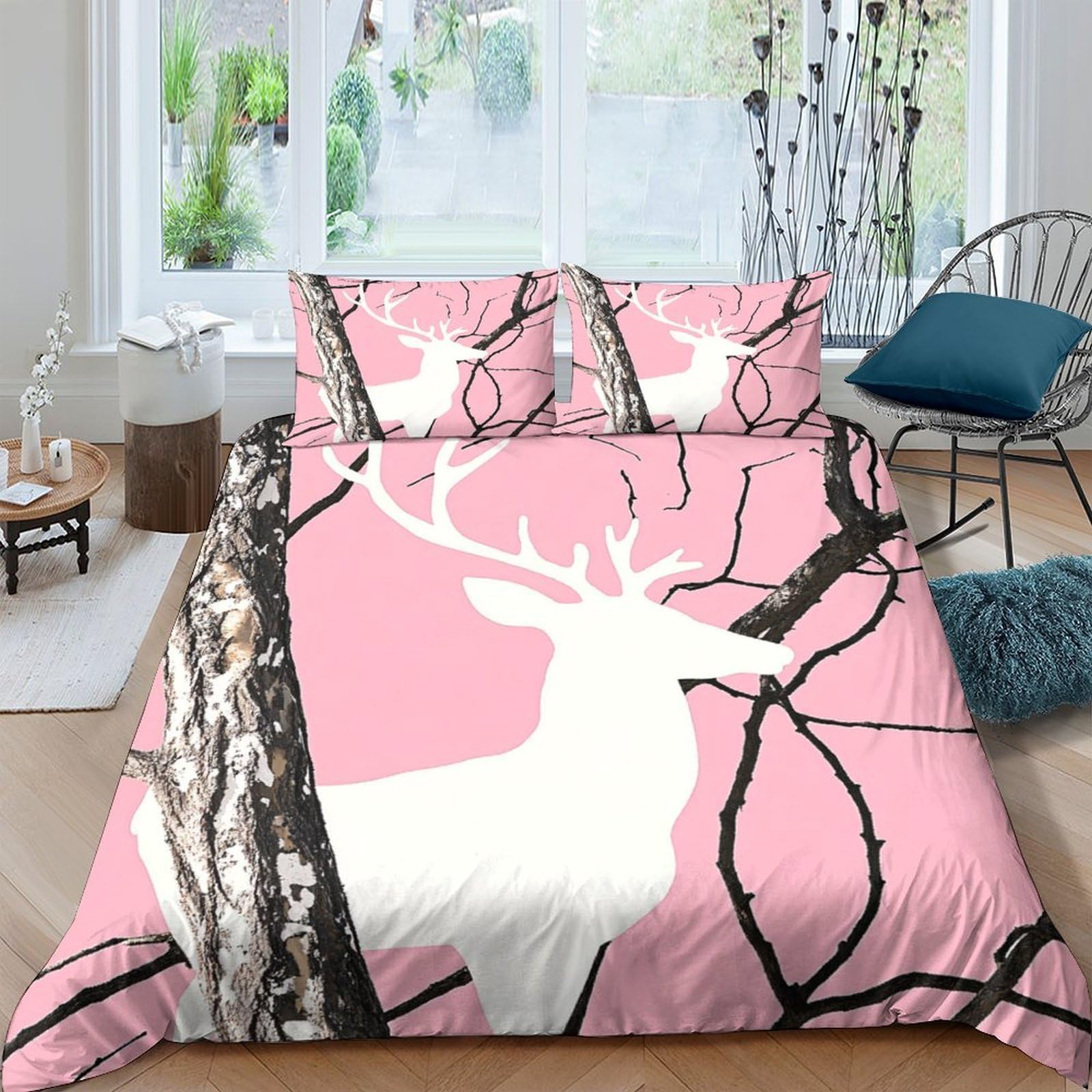TUFRTGYHN 3D Printed Pink Deer Forest Duvet Cover Microfiber Soft Breathable Tree Branch Bedding Set with 2 Pillowcases for Bedroom Home Single（135x200cm）
