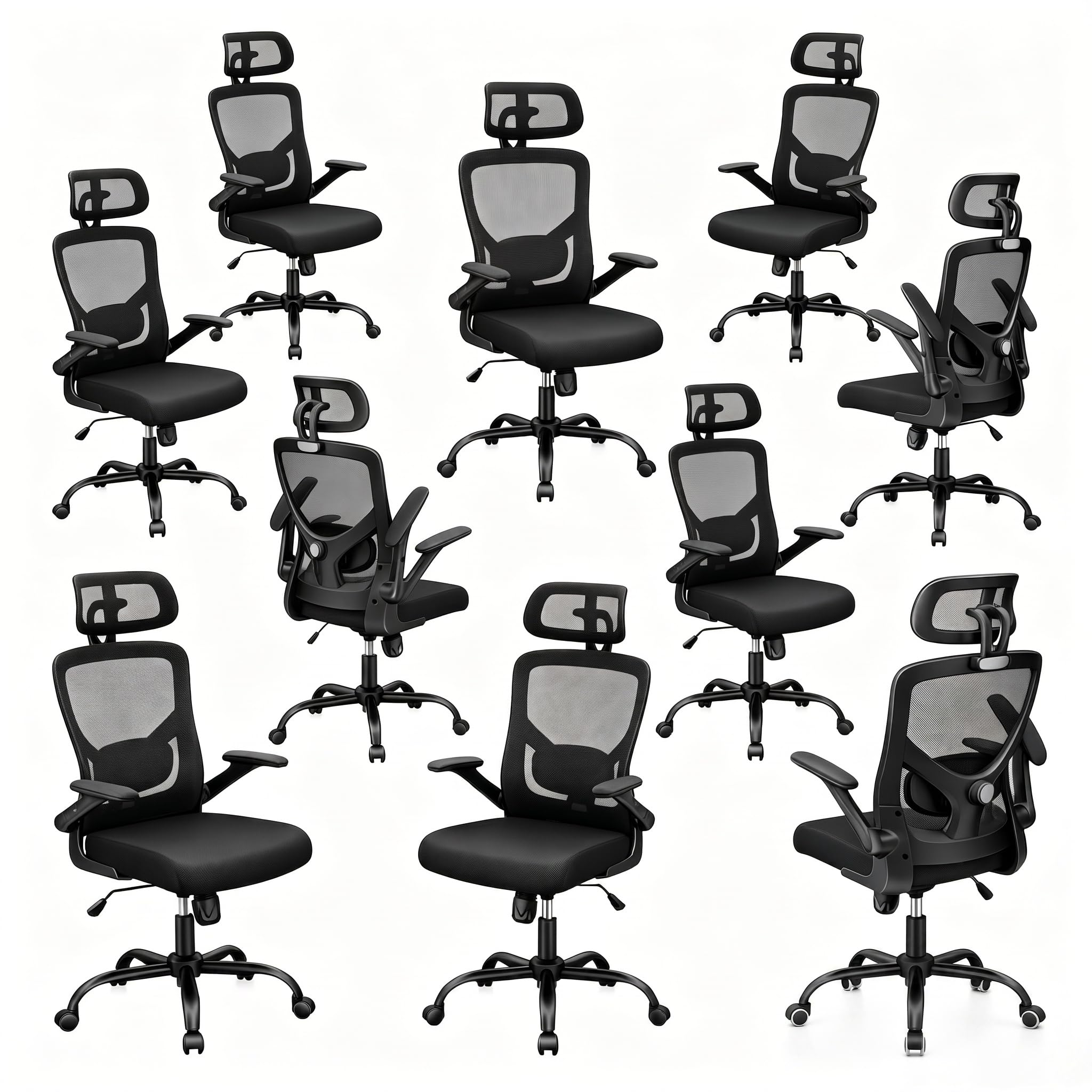Marsail Ergonomic Mesh Office Chair High Back Desk Chair Adjustable Lumbar Support with Headrest Flip-Up Liftable Arms Swivel Computer Task Chair,10PCS
