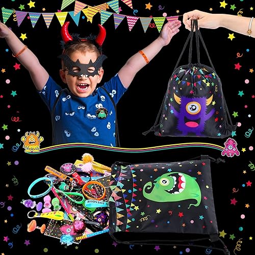 Miniatura 4 de Abbylike 102 recuerdos de fiesta de monstruo incluyen hacer tus propias calcomanías, juguetes de lanzadores de primavera, mochila con cordón de