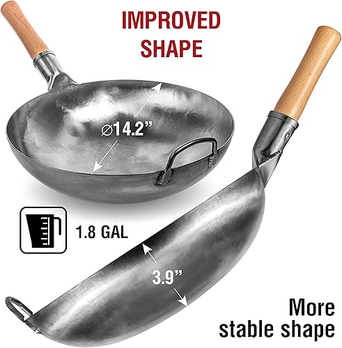 Miniatura 2 de YOSUKATA Wok de fondo redondo plateado de 14 pulgadas + espátula y cucharón de 17 pulgadas + cubierta de wok premium de 14 pulgadas con tapa de