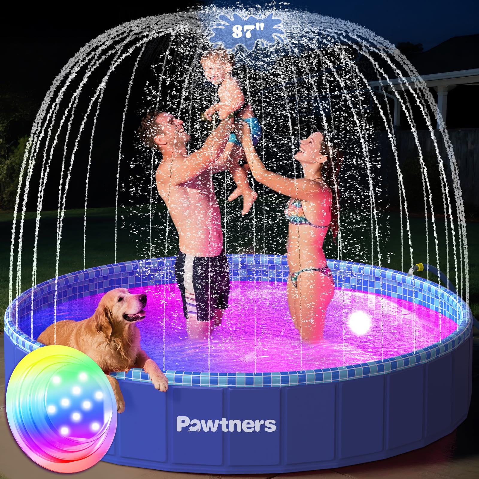 Foldable Dog Pool with Sprinkler RGB LED Light, 87" Collapsible Hard Plastic Kiddie Swimming Splash Pool for Small Medium Large Doggie Kitty Puppy, Pet Bathing Tub Wading Pool for Dogs Blue