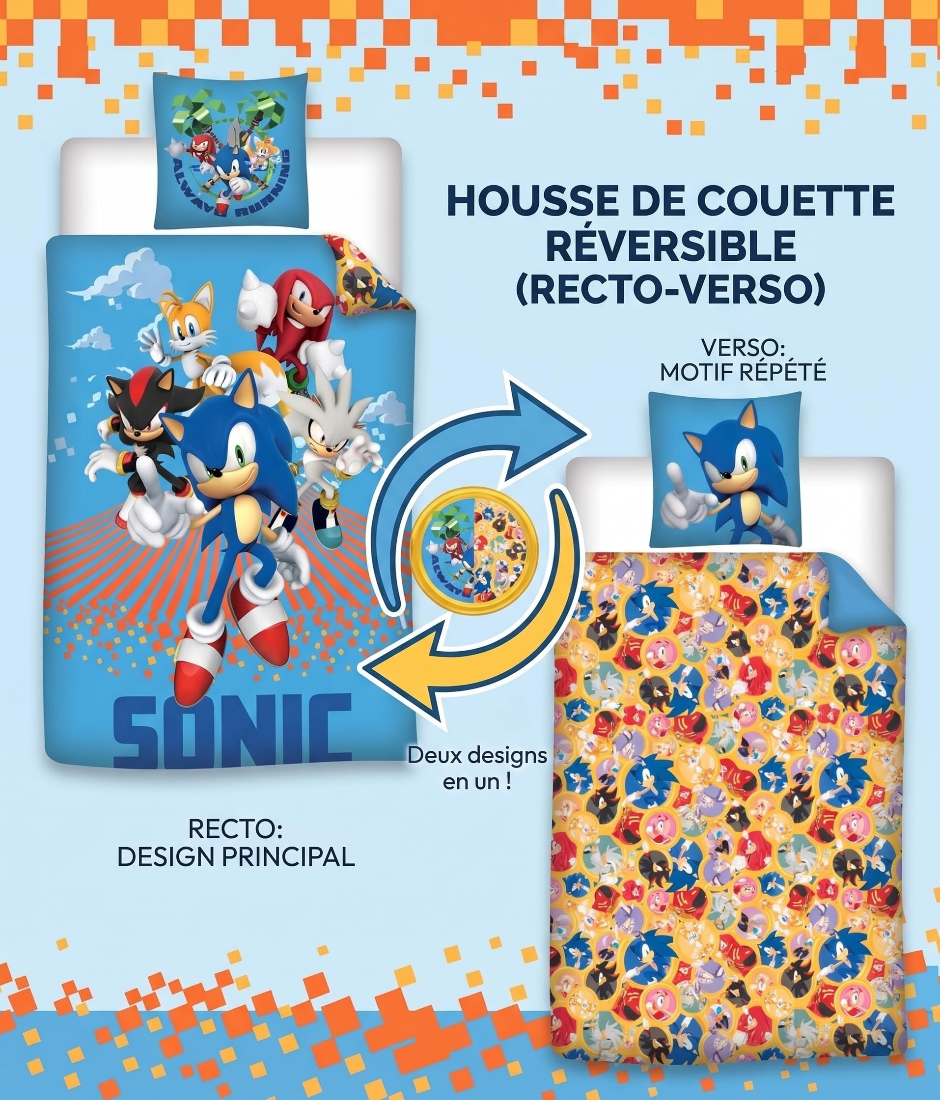 Sonic Le Hérisson Bleu Housse de Couette 140x200 + Taie 63x63 Polyester | Parure de lit qualité supérieure | Polyester Oeko-Tex | SEGA officiel | Garçon | Cadeau | Lavable en machine
