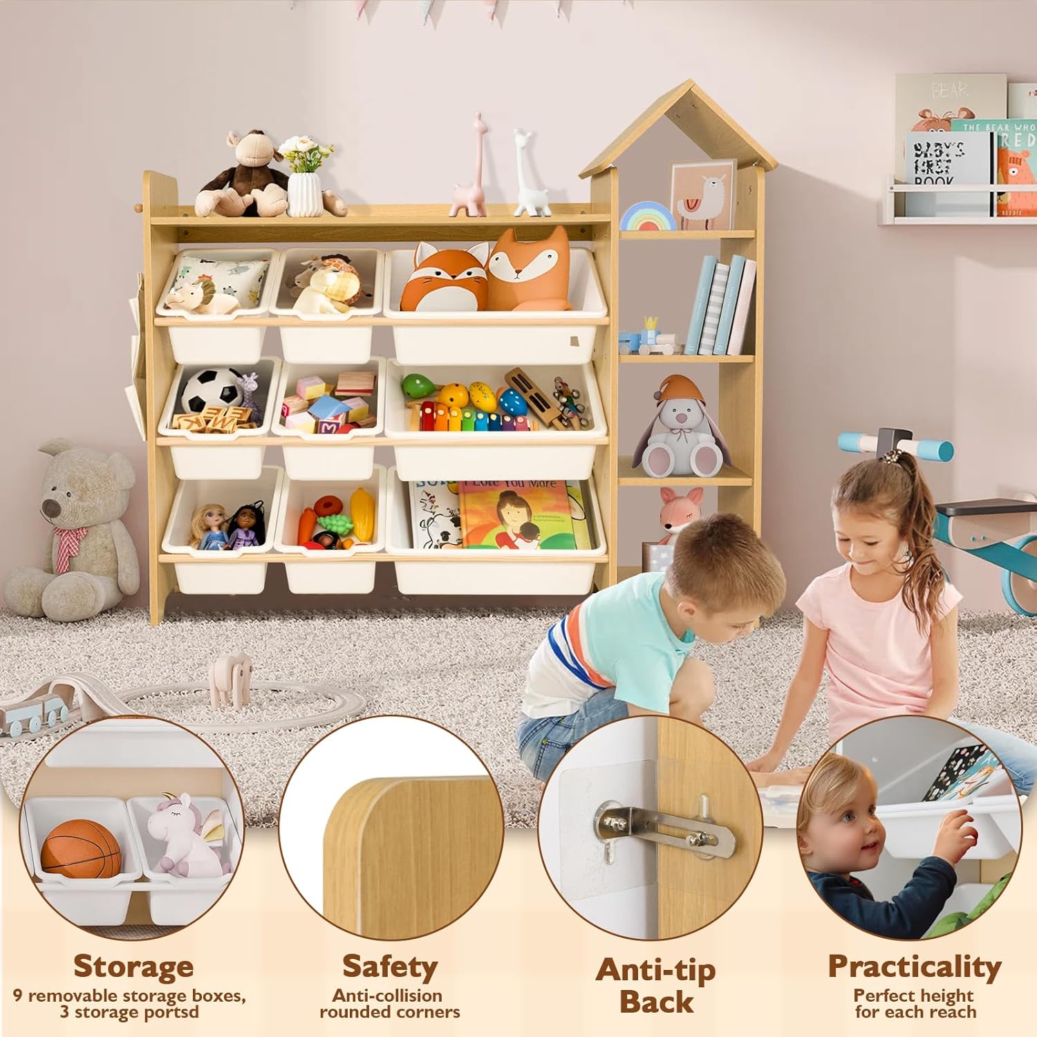 Toy Storage Organizer - Toy Storage Shelf, Montessori Shelves with Hanging Storage Bag, Kids Bookshelf and Toy Storage for Kids Room, Playroom (Extra Large Size : 49.8x11.8x37.2 inch)