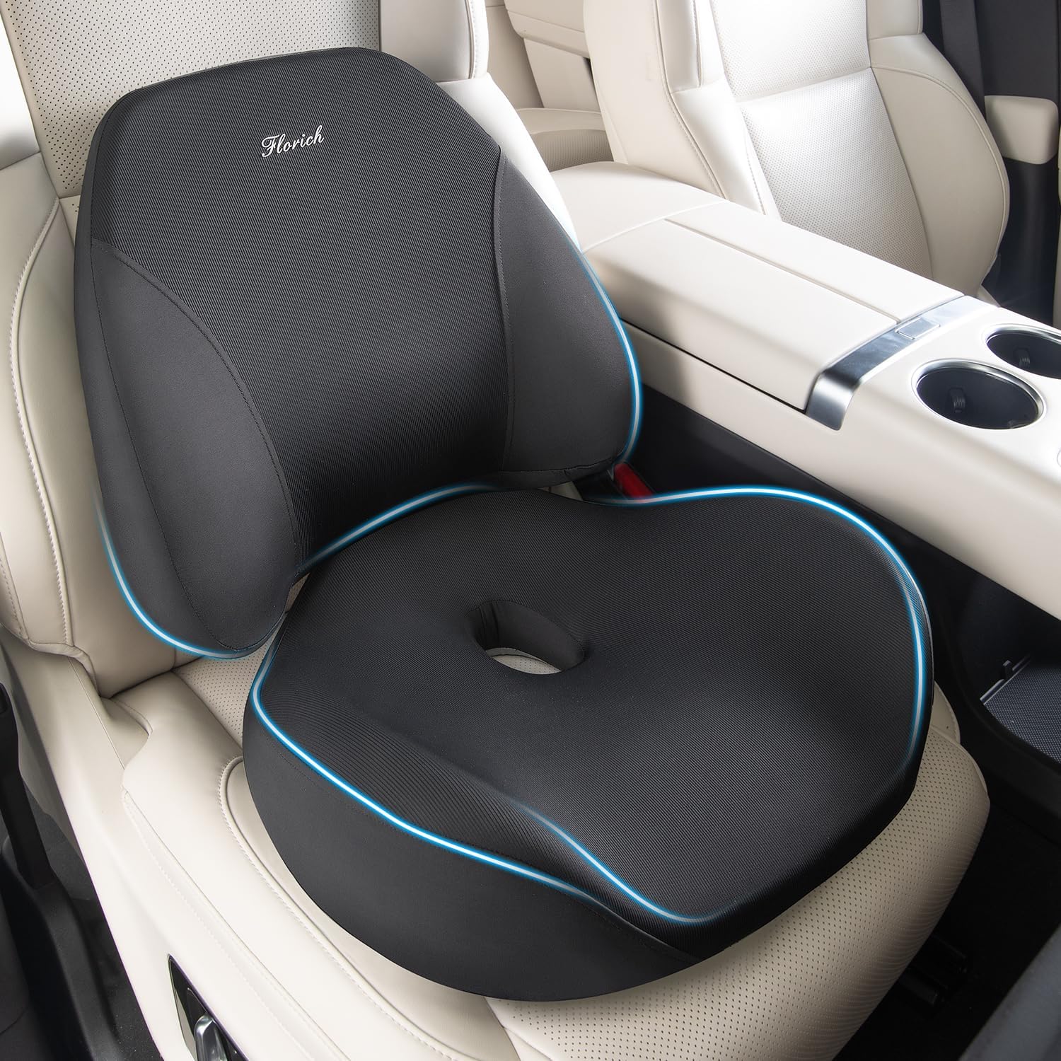Florich lendensteun kussen en autostoelkussen, ergonomisch traagschuim voor bureaustoel en autostoel - zwart