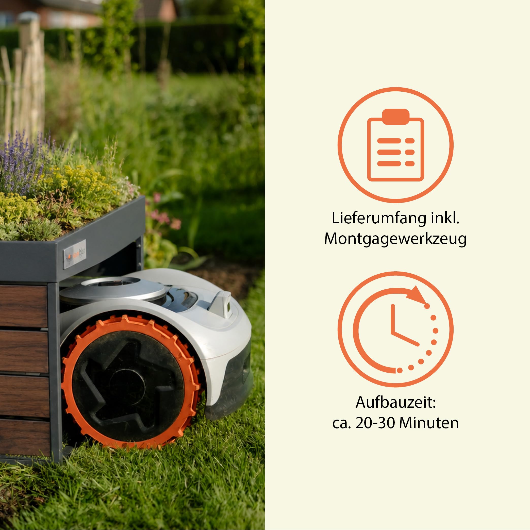 Stahlglut Rasenmährobotergarage Wetterabdeckung stahl Walnussoptik für viele Modelle auch für RTK Modelle (Bloom)