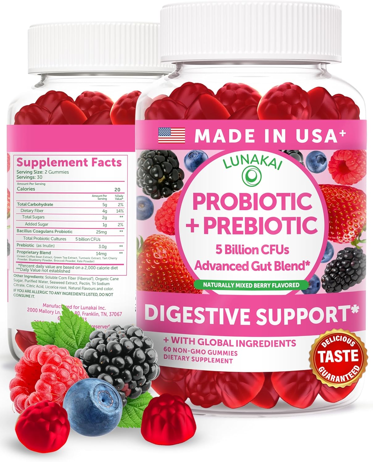 Lunakai USA Made Prebiotic + Probiotic Gummies for Women and Men – High Potency 5 Billion CFUs with Fibers – Non-GMO Gut Health Support 60ct