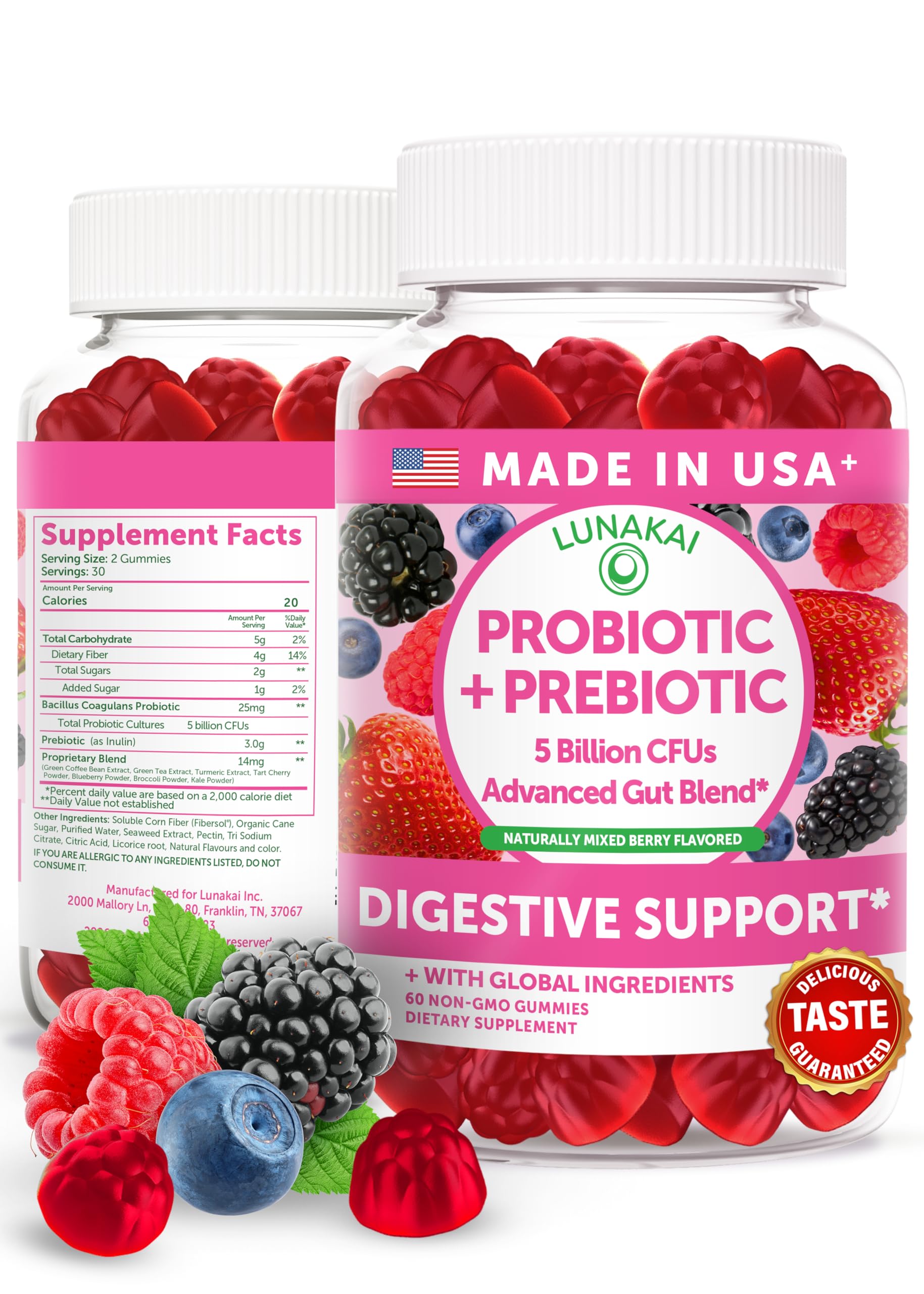 Lunakai USA Made Prebiotic + Probiotic Gummies for Women and Men - High Potency 5 Billion CFUs with Fibers - Non-GMO Gut Health Support 60ct