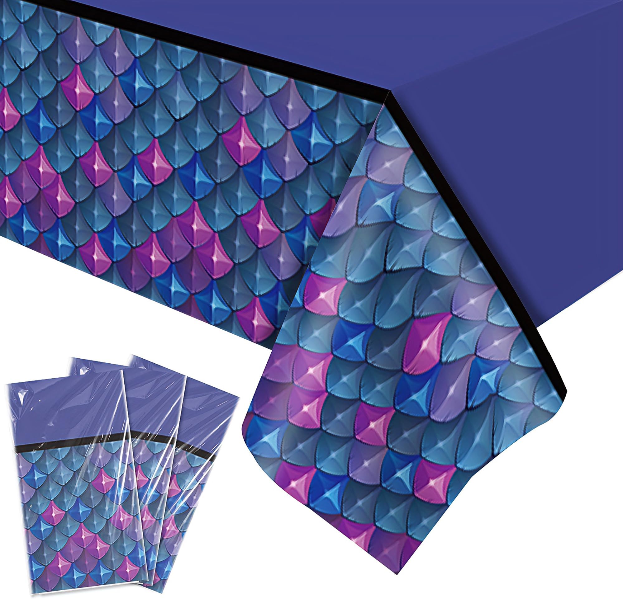 Fantasy Dragon Scale Tablecloth Decorations, Purple Blue Gradient | 3 Pack Disposable Mythical Magical Dragon Theme Table Cover for Birthday, Medieval, Knight, Baby Shower, 55in x 86in