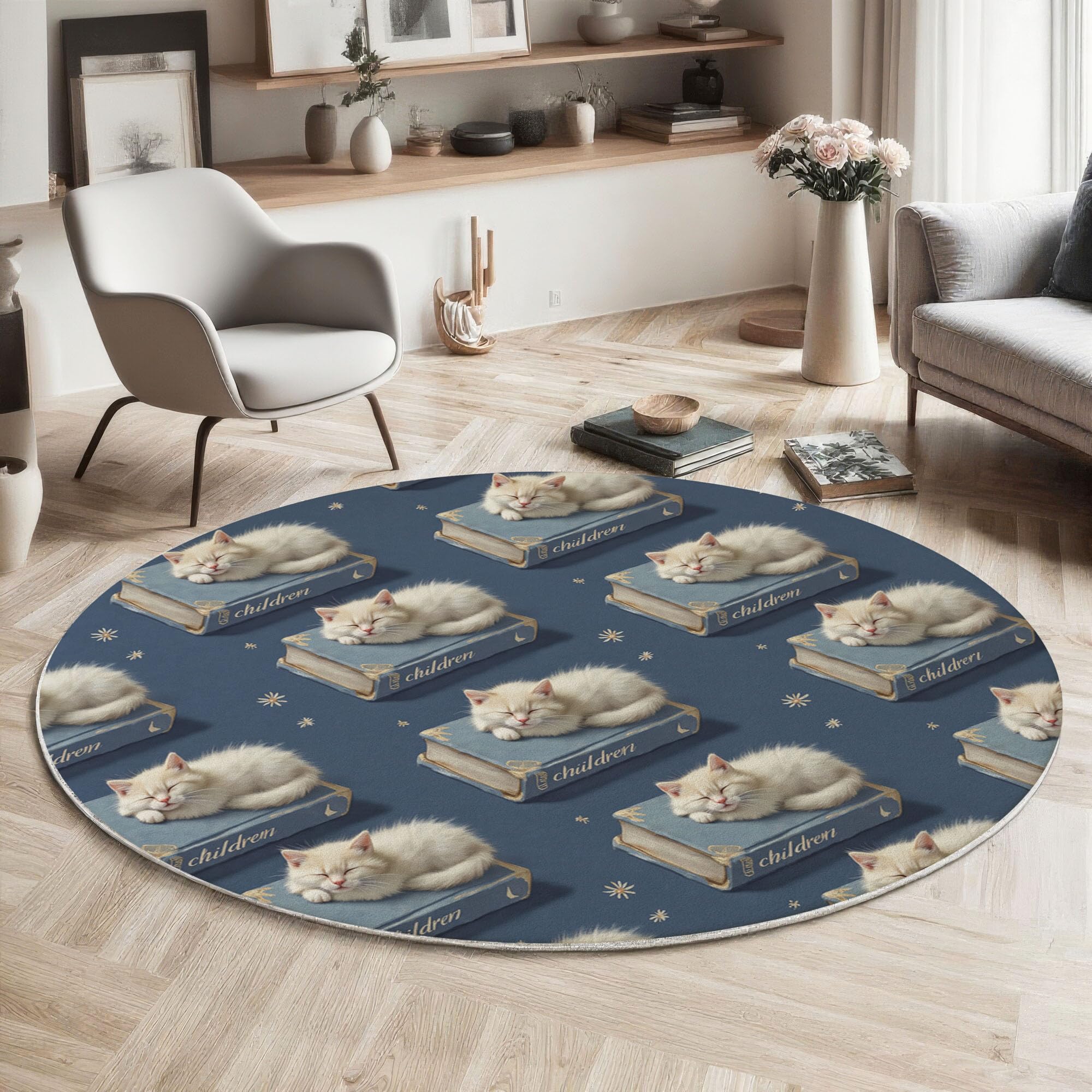 Tapis Rond De Chambre d'enfant 100 Cm - Chat Mignon Livres Bleu Marine - Motif Animaux Ciel Étoilé - Moelleux Et Antidérapant - Tapis De Salon À Poils Courts - Lavable - Moderne Doux