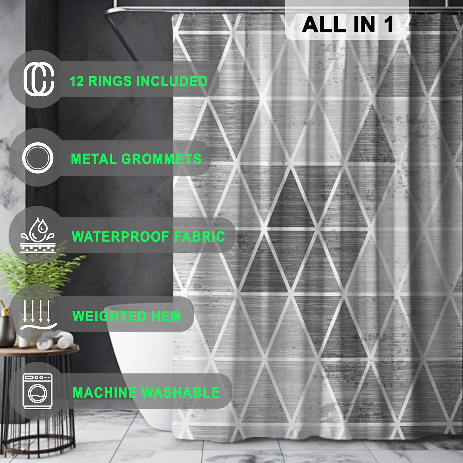 Premium Fabric Shower Curtain, Polyester Cloth Bath Stall Curtain with 12 Rings and Weighted Hem, Abstract Boho Shower Curtain Set for Bathroom (Gray Triangles, 72" W x 78" L)
