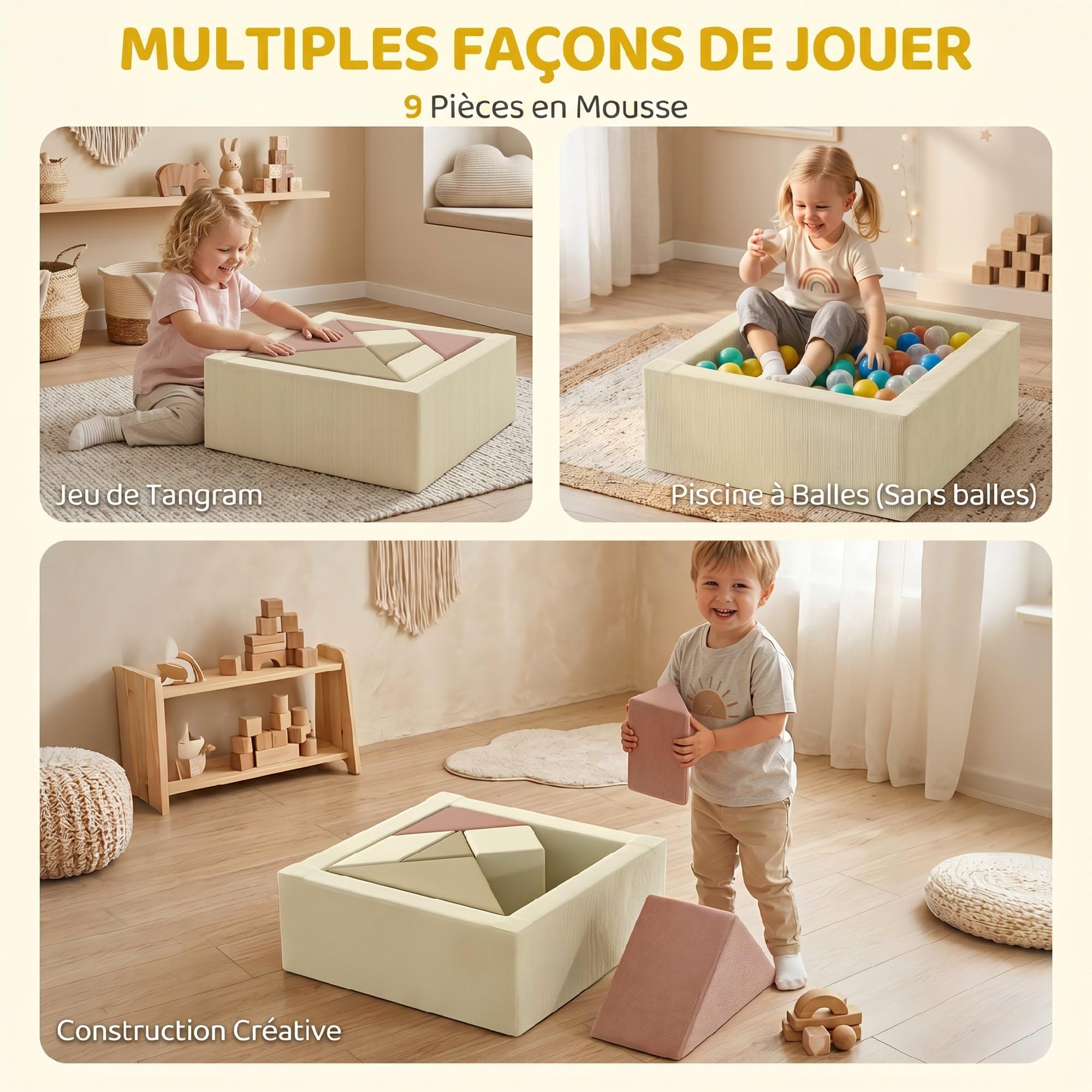 AIYAPLAY Parcours motricité bébé 9PCS avec Piscine à balles, Module en Mousse Souple avec Housse en Velours côtelé, Blocs de Construction éducatifs pour Enfants d'âge préscolaire, Multicolore