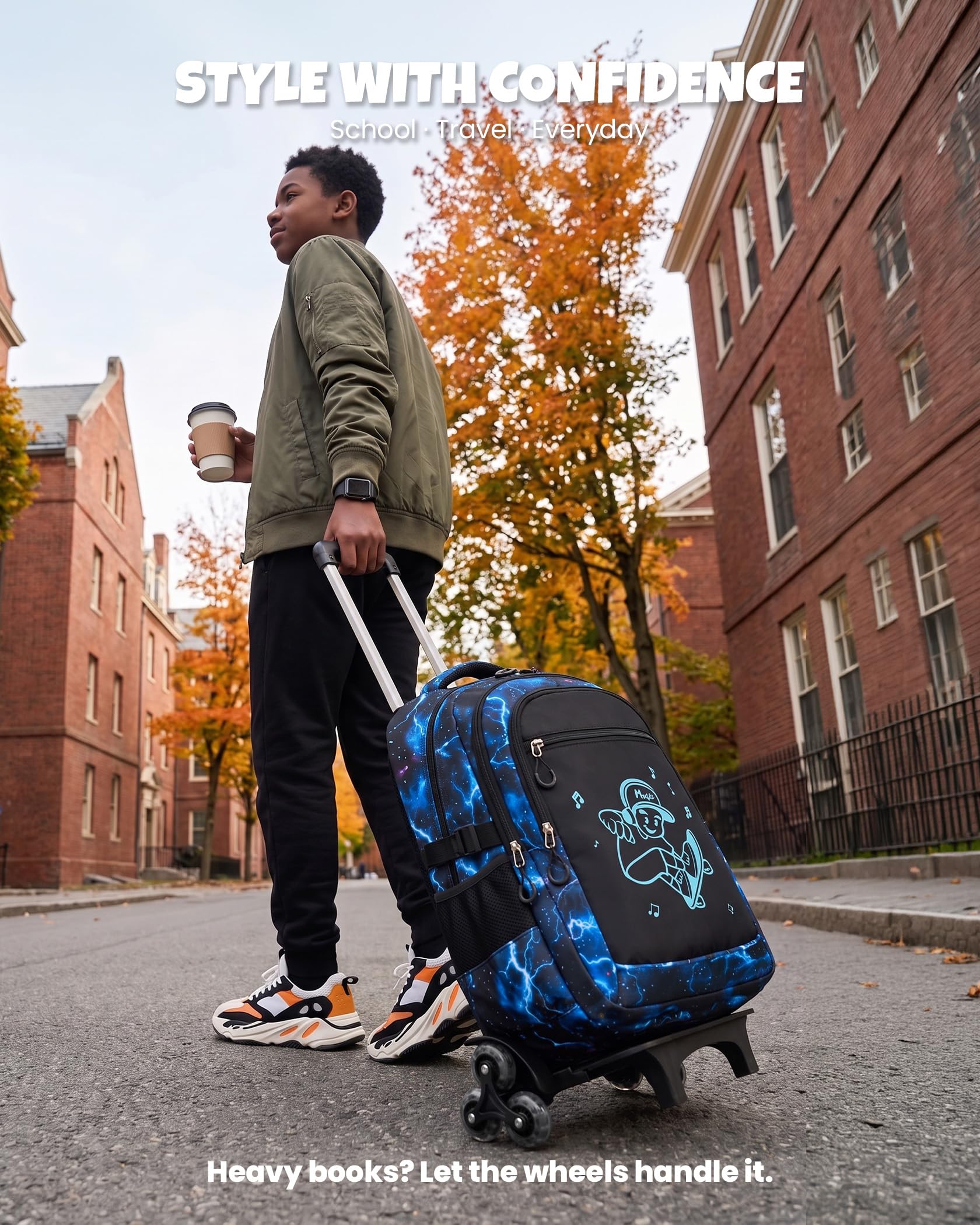 Amythe Schulrucksack Trolley Jungen, 6-Rollen für Treppen, mit Reflektoren | Schulrucksack mit Rollen für Jungen 9-16 Jahre (3.-9. Klasse), abnehmbarer Schultrolley, Schulranzen-Set für Schule Reisen