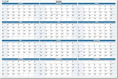 Calendario de pared horizontal azul cielo 2029 borrable húmedo y en seco 24 pulgadas de alto x 36 pulgadas de ancho BN