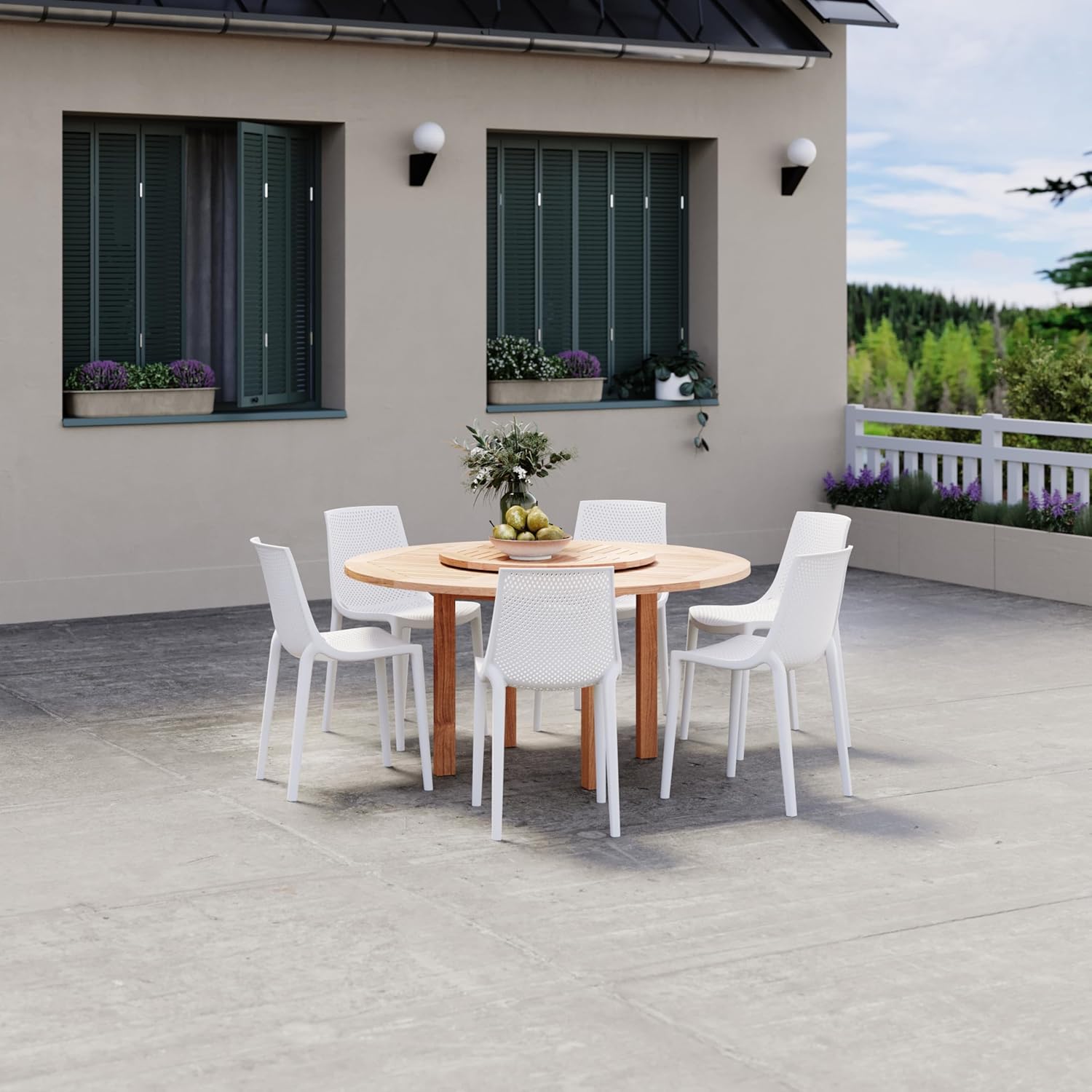 Urban Elements Melbourne 7-Piece Patio Furniture Set | Teak Finish 100% FSC Eucalyptus Wood | Backyard Furniture, Outside Table and Chairs, Round Outdoor Dining Set, White