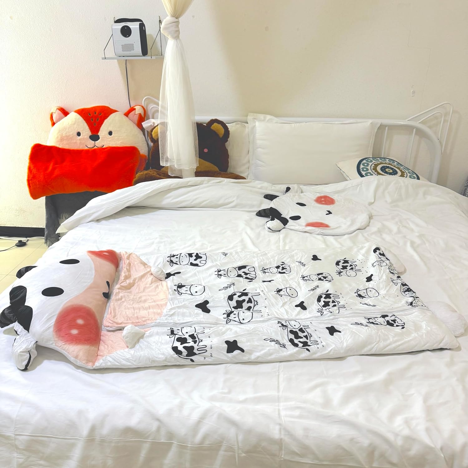 Happy Sleeping Bag, Kids Sleeping Bag with Pillow for Girls, Boys, Kids, Animal Sleepy Sack, Comfy, Cozy, Slumber, Soft Pillow, Warm Cotton Plush, Size 68‘’*24‘’, White Cow