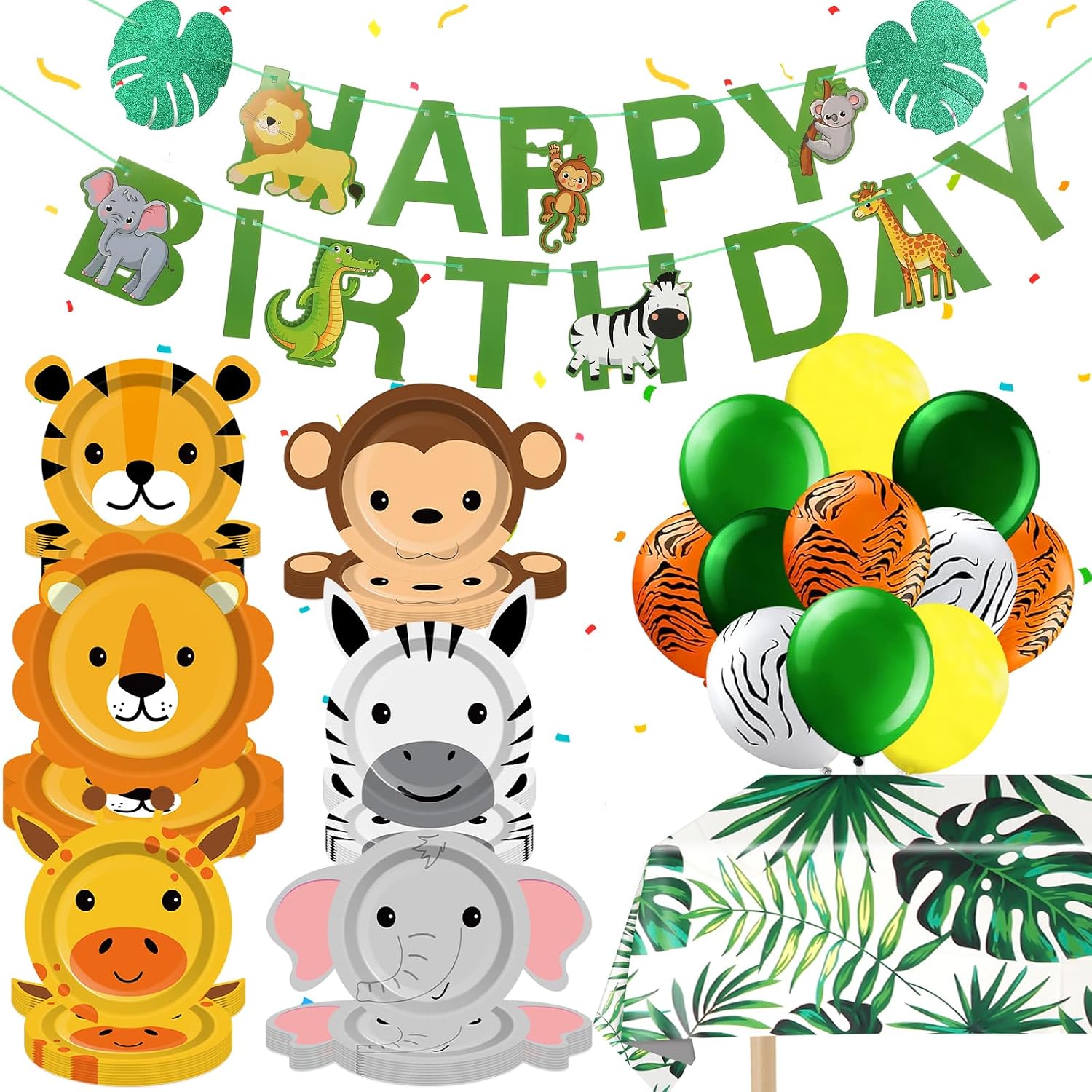 101PCS Safari Animals Birthday Party Decorations Jungle Theme Tableware Set Wild Animal Dinnerware Supplies Include Plates Balloons Tablecloth and Happy Birthday Banner for wild kratts Kids Boy Decor
