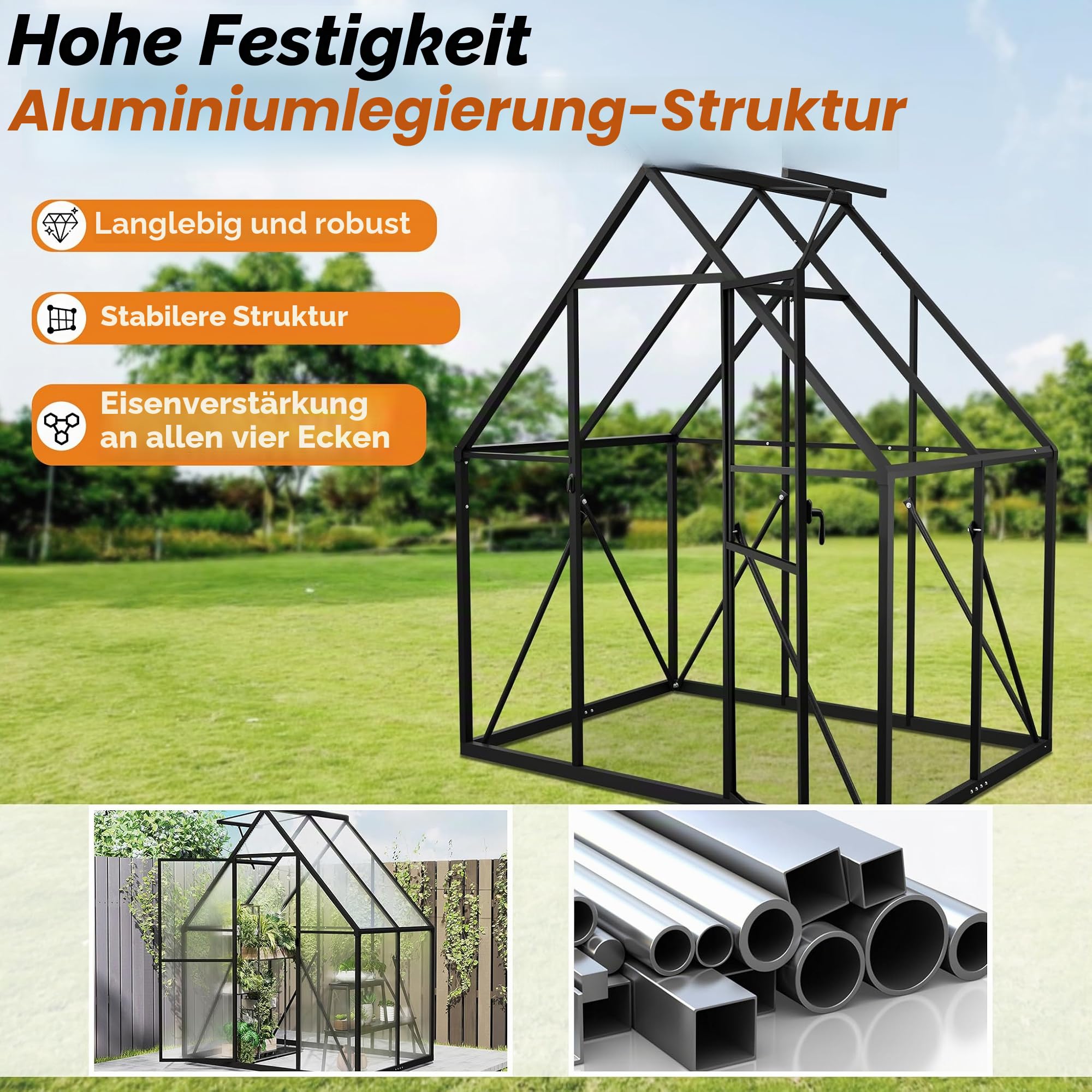 UISEBRT Gewächshaus Treibhaus für Garten Tomatenhaus mit Fundament Frühbeet Pflanzenhaus mit Fenster & Wetterfestem Hohlkammerplatten Gartengewächshäuser 125x180x195cm UV- & Frostgeschützt