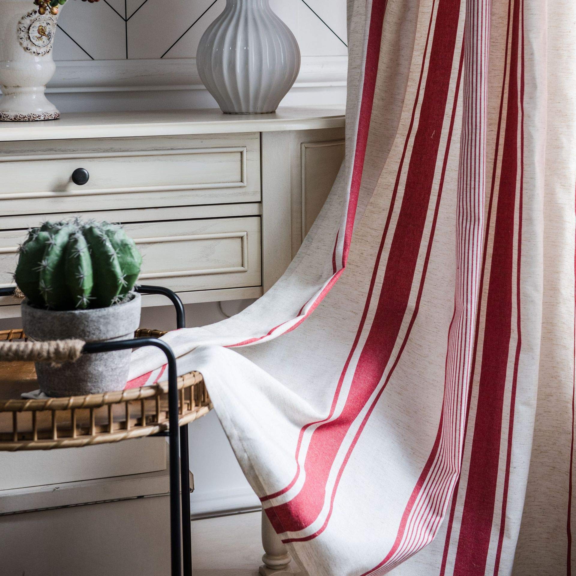 Plancholo Red Boho Curtain 94 Inch Length 1 Panel Stripe Cotton Linen Farmhouse Semi Blackout Drape Rod Pocket Window Curtain Panel For Bedroom Living Room (59" W X 94" L, )