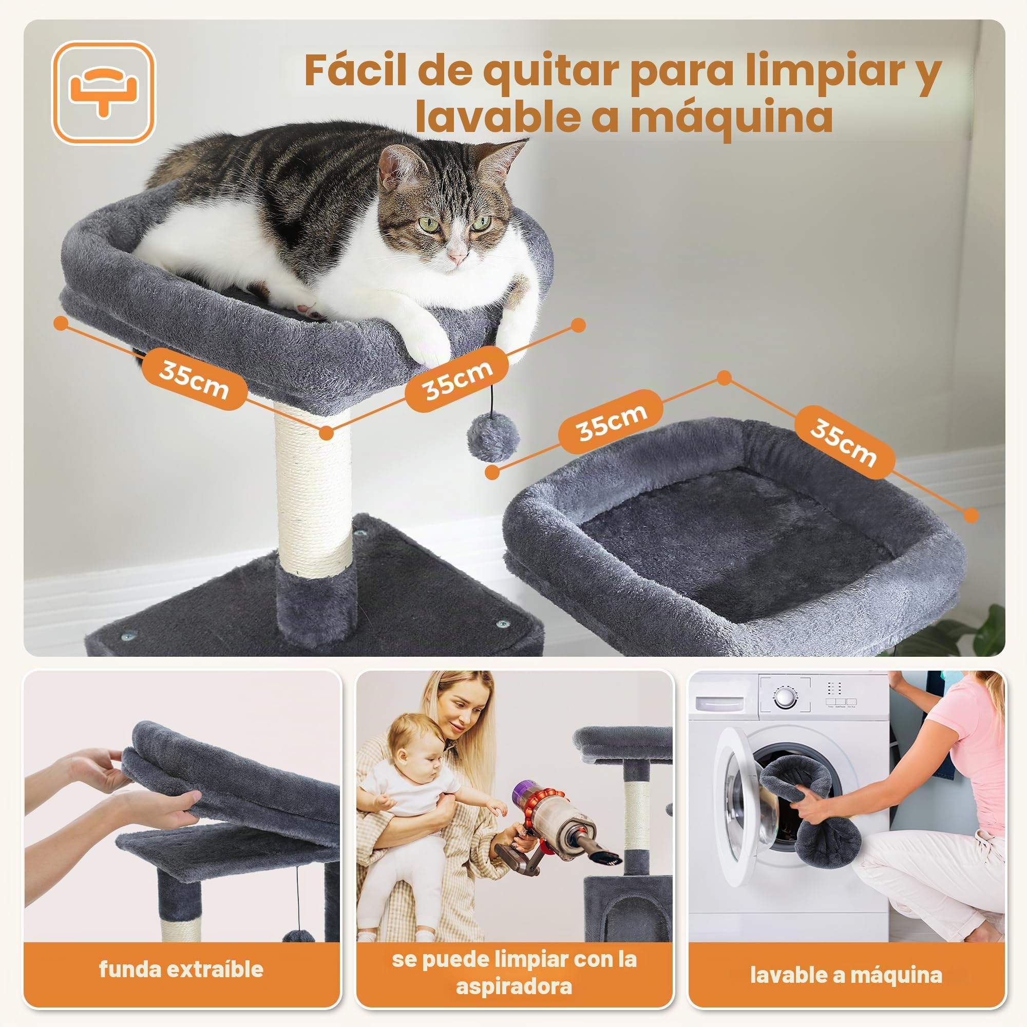 PETEPELA Árbol rascador grande, de 180 cm, para gatos grandes, con 6 columnas de sisal, 2 tablas para rascar, 2 plataformas, 1 hamaca, 2 pelotas de juego, tela de felpa, gris oscuro