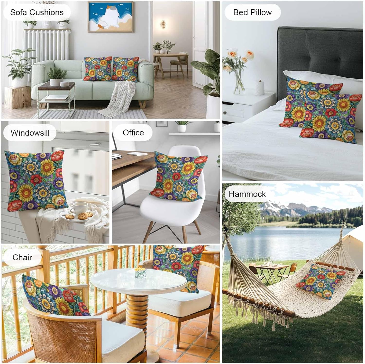Throw Pillow Covers 18x18 Inch Set of 2, Boho Colorful Floral Waterproof Outdoor Pillow Covers, Spring Flower Botanical Sunflowers Plant Decorative Cushion Pillowcases for Couch, Sofa, Bed, Patio