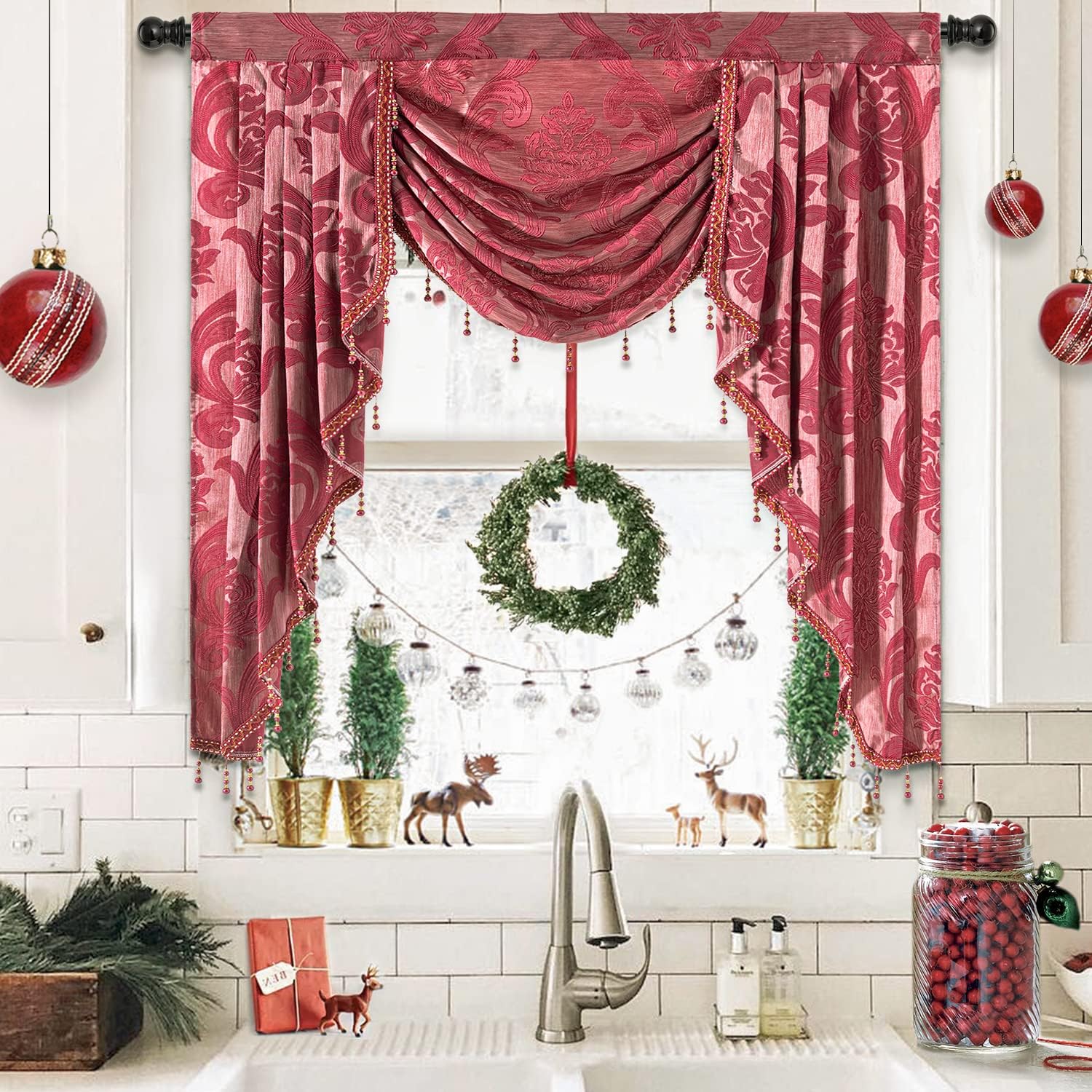 NAPEARL Waterfall Valance for Living Room, Jacquard Swag for Windows, Fancy Kitchen Curtains and Swags, 1 Panel (Burgundy, 41-Inch Wide)