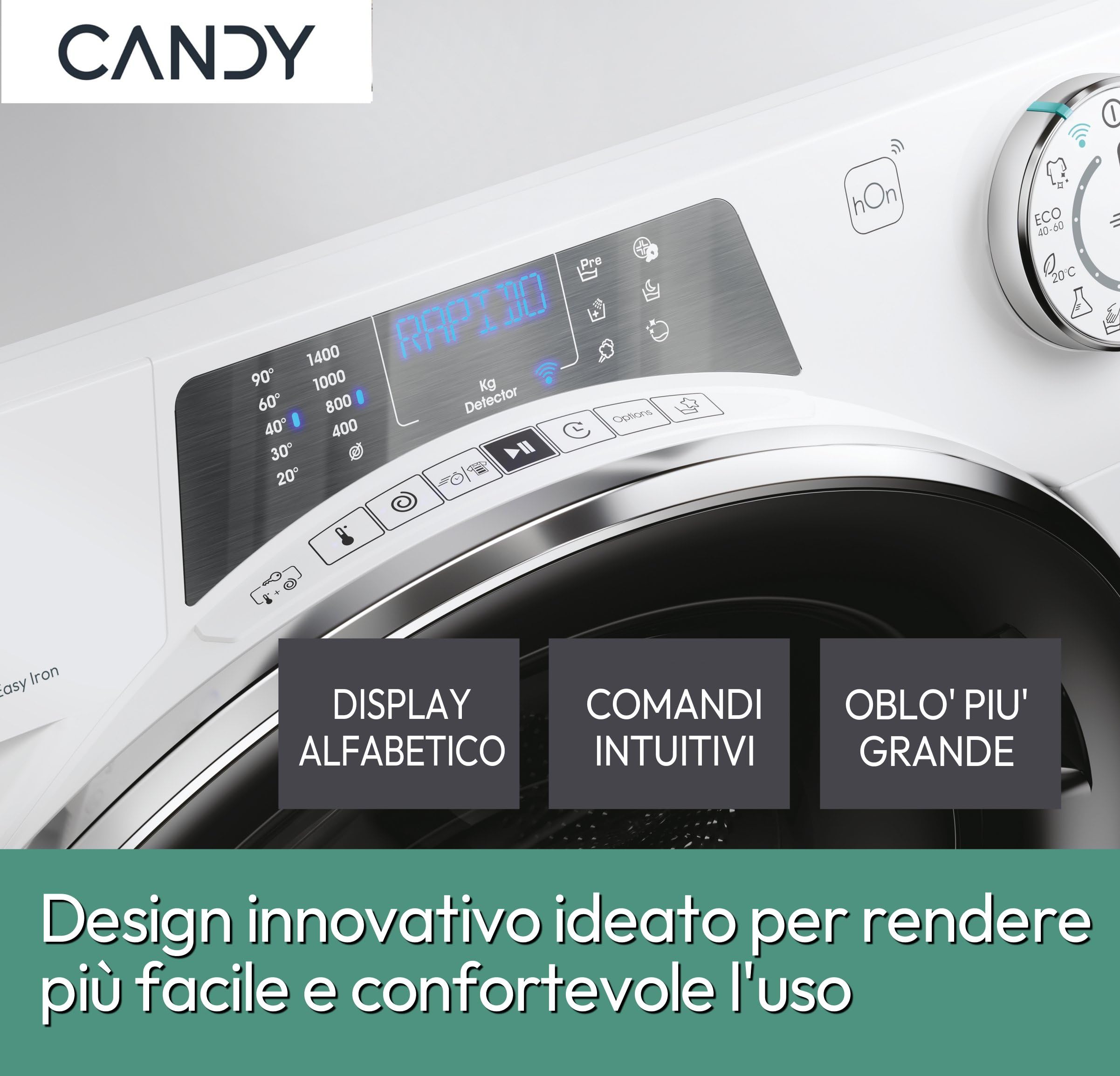 Candy RapidÓ PRO Lavatrice Slim 9 Kg 1400 Giri, Classe A -40%, Motore Inverter, Wi-Fi e Bluetooth, Programmi Rapidi, Funzione Vapore, App hOn con 60+ Cicli, 60x58x85 cm, RP496DWMB12/1-S