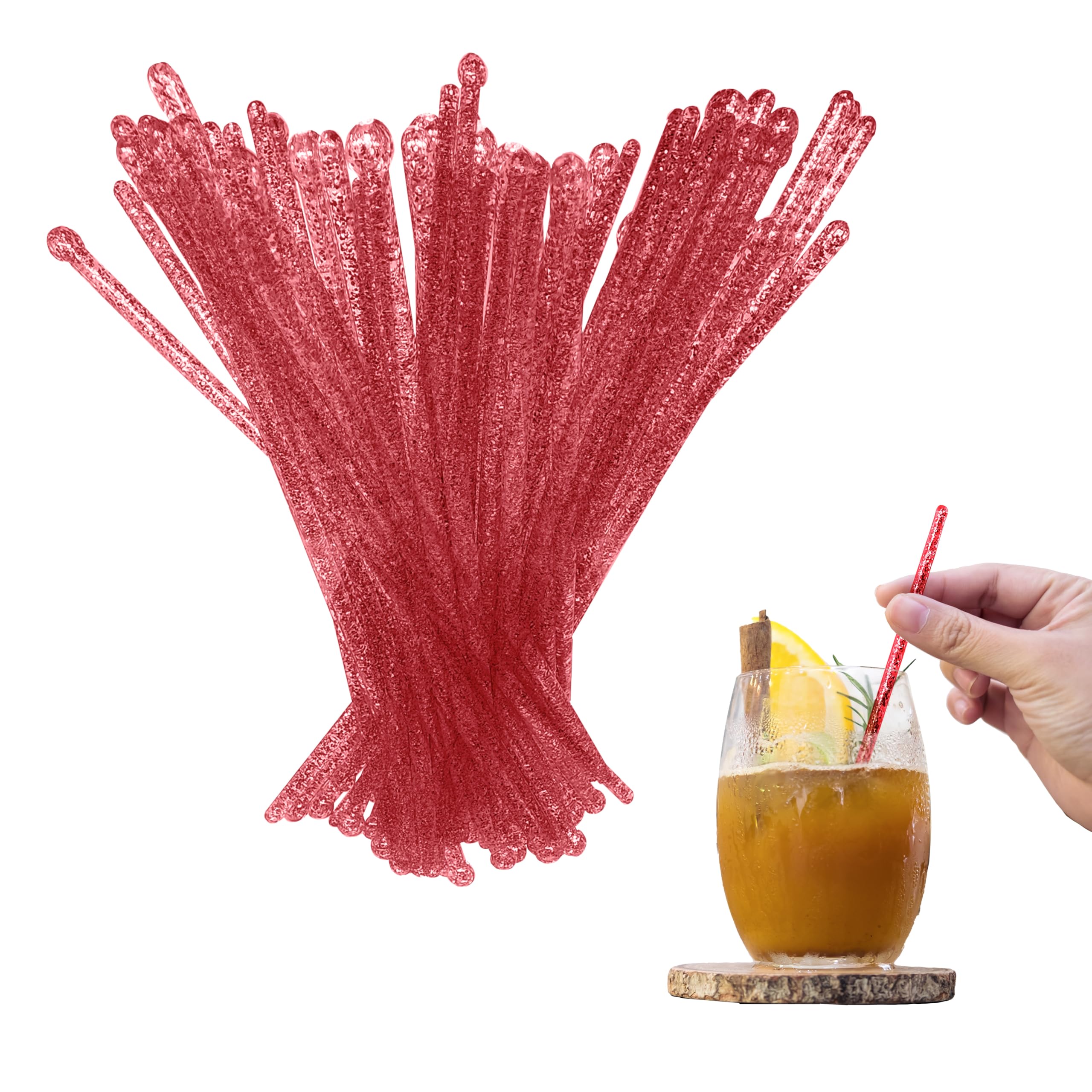 Coffee and Cocktail Stirrers, Reusable Plastic Drink Stirrer Sticks, 100 Ball Head Swizzle Sticks, Use as a Cocktail Garnish or Cake Pop Stick, and Restaurant Supplies, 6 inch (Red)