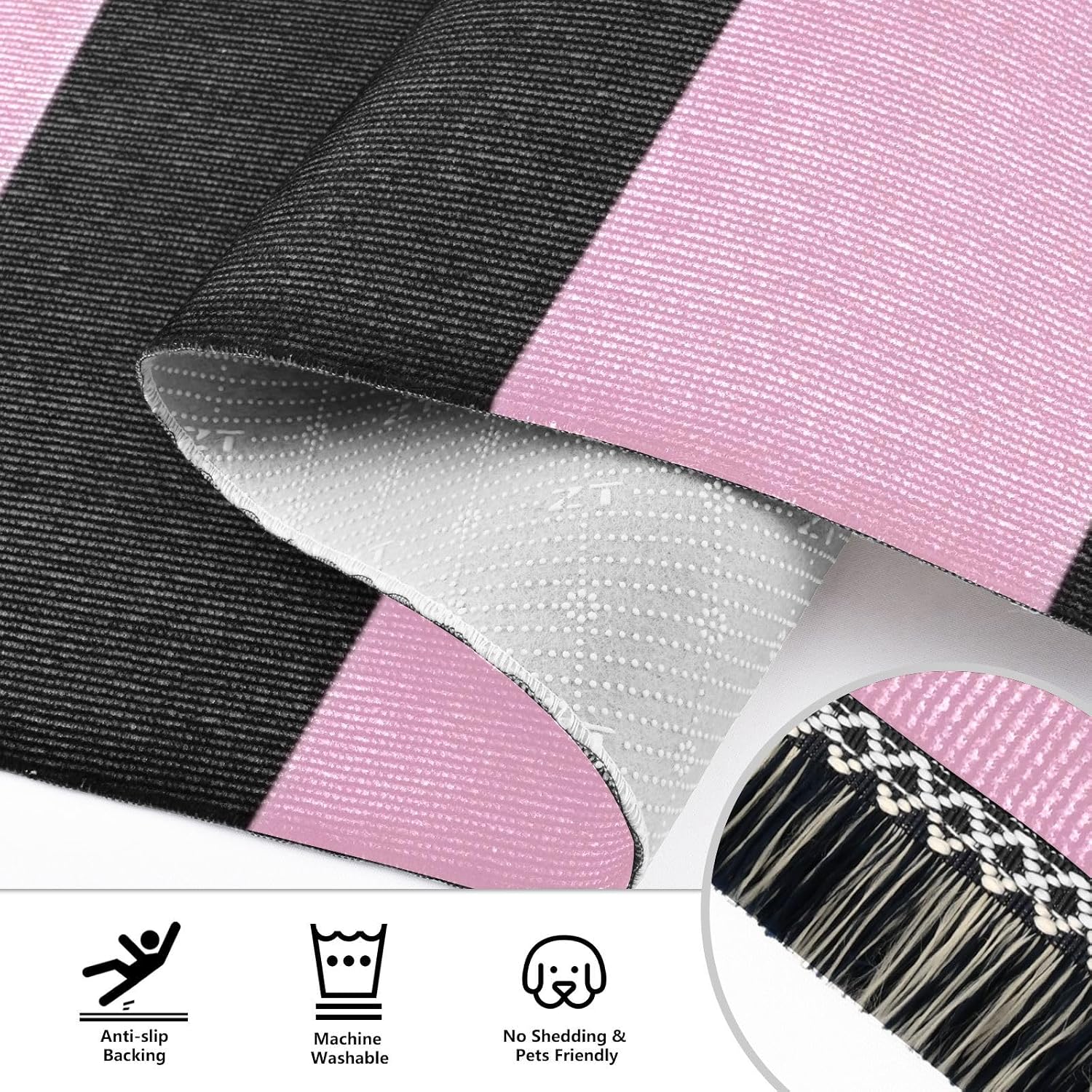 Bolaz Hallway Runner Rug，Pink and Black Vertical Stripes Pattern，Long DoorMats Indoor 24"x72" Non-Slip Ultra Soft for Bedroom Bathroom Laundry Living Room