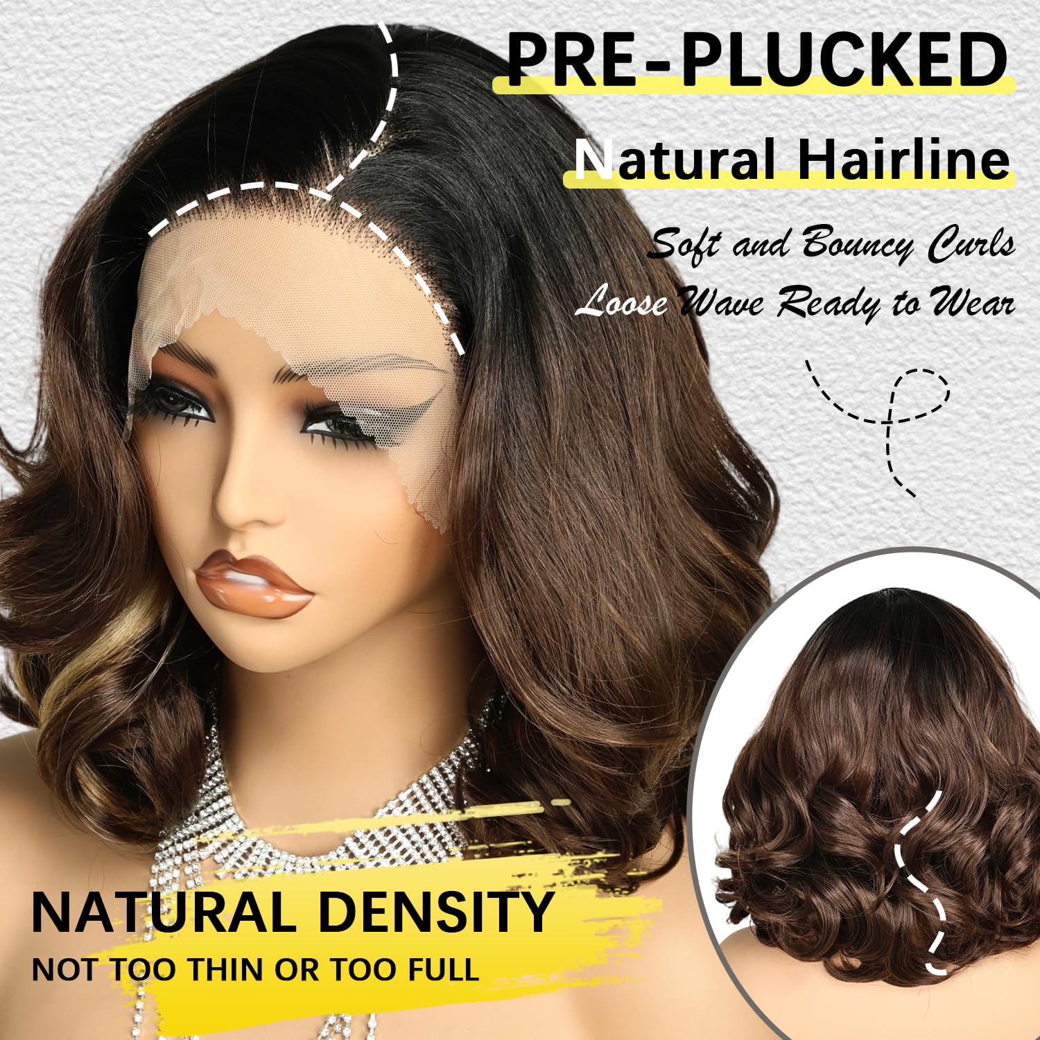 SOKU Short Loose Wave Wigs for Black Women 13x6 Lace Frontal 12 Inch Synthetic Fiber Ombre Brown Blonde Skunk Stripe Money Piece Pre Plucked Ready to Wear Natural Hairline