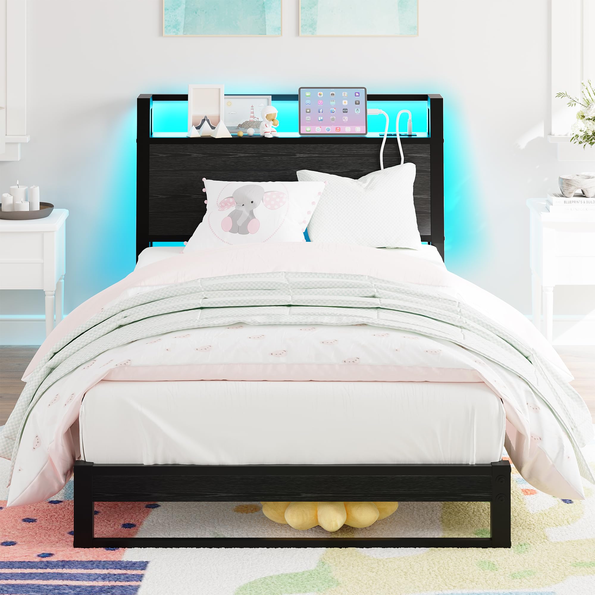 Letto 90 x 200 cm con testiera ergonomica con spazio di archiviazione, letto singolo in metallo, telaio del letto con stazione di ricarica e illuminazione a LED, ideale per camera da letto