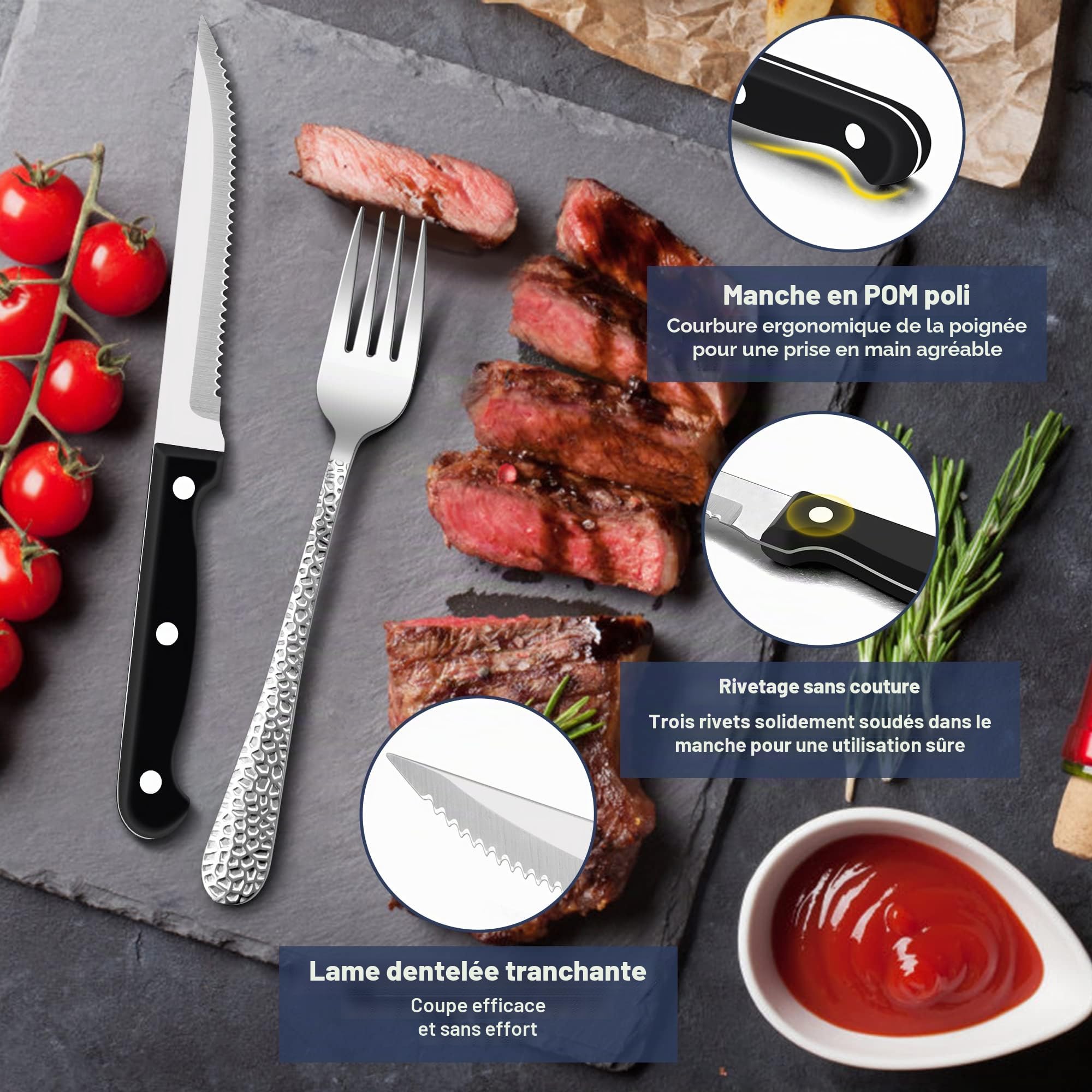 HaWare Ensemble de couverts 72 pièces en acier inoxydable avec couteaux à steak pour 12 personnes, ensemble de couverts modernes avec poignée marteau, couteau, fourchette, ensemble de cuillères pour