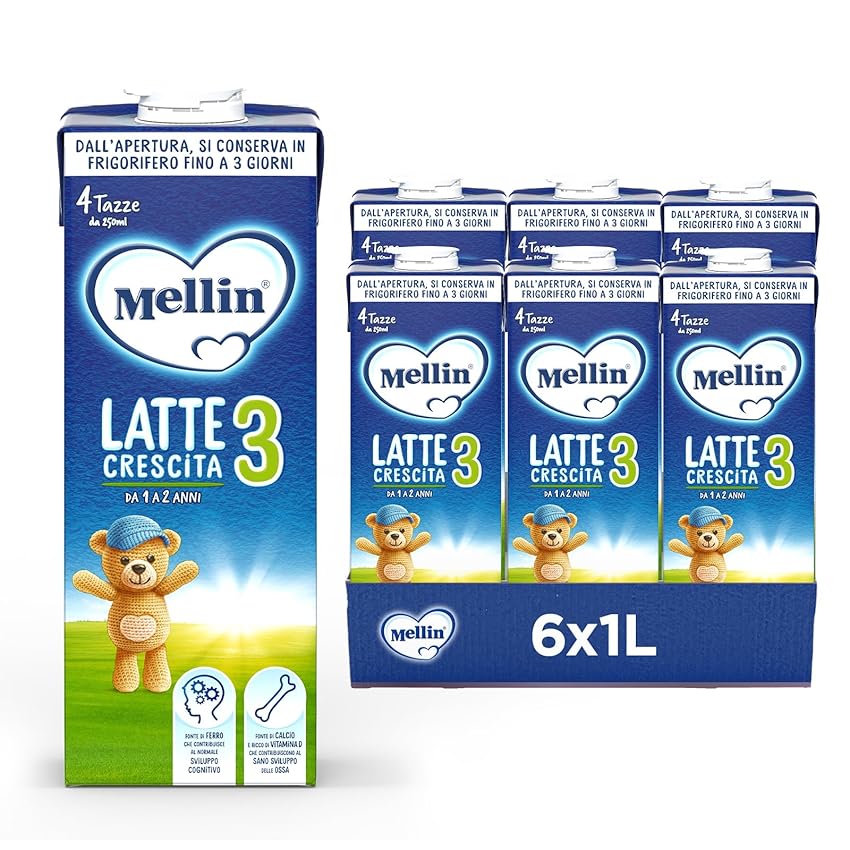 Mellin 3 - Latte di Crescita Liquido per Bambini dal 1° anno compiuto al 2° anno, Pronto all'uso - Formato Convenienza da 6 litri (6x1L)