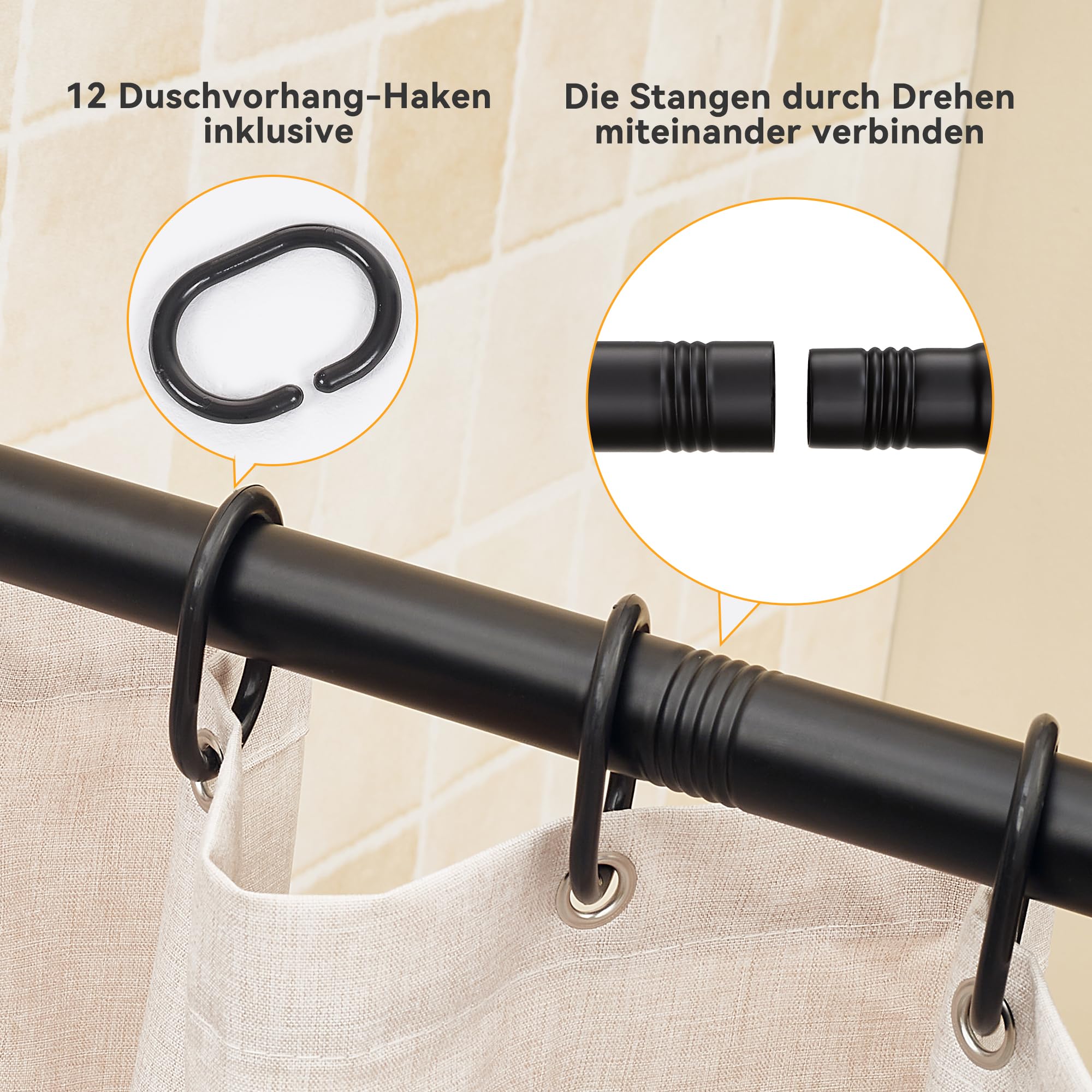 Duschvorhangstange U Form Duschstange 88x176x88 cm | Eckduschstange aus Stahl, Matt Schwarz | Inkl. Deckenstütze & 12 Haken | Montageset