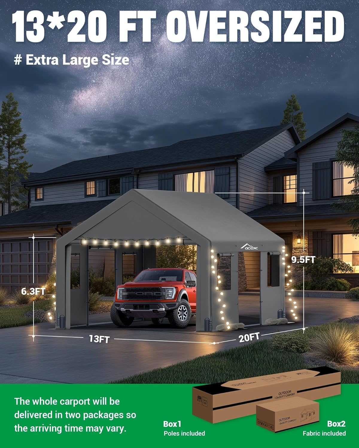 Acepic Upgraded 13x20 Heavy Duty Carport, Features Roll-up Windows & Doors, Portable Garage with UV Resistant Waterproof All-Season Tarp for Car, Truck, Boat