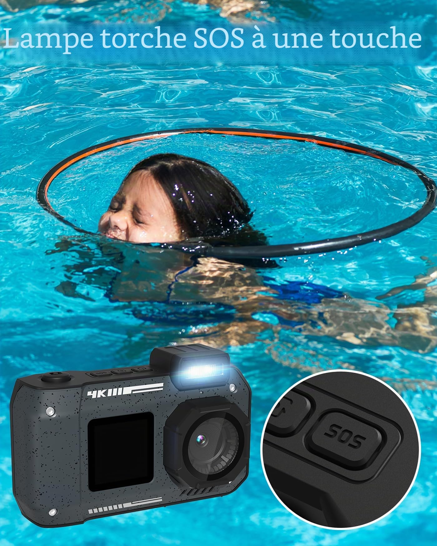 Caméra sous-marine 4 K 65 MP étanche avec carte de 64 Go autofocus selfie double écran appareil photo numérique étanche compact flottant (orange)
