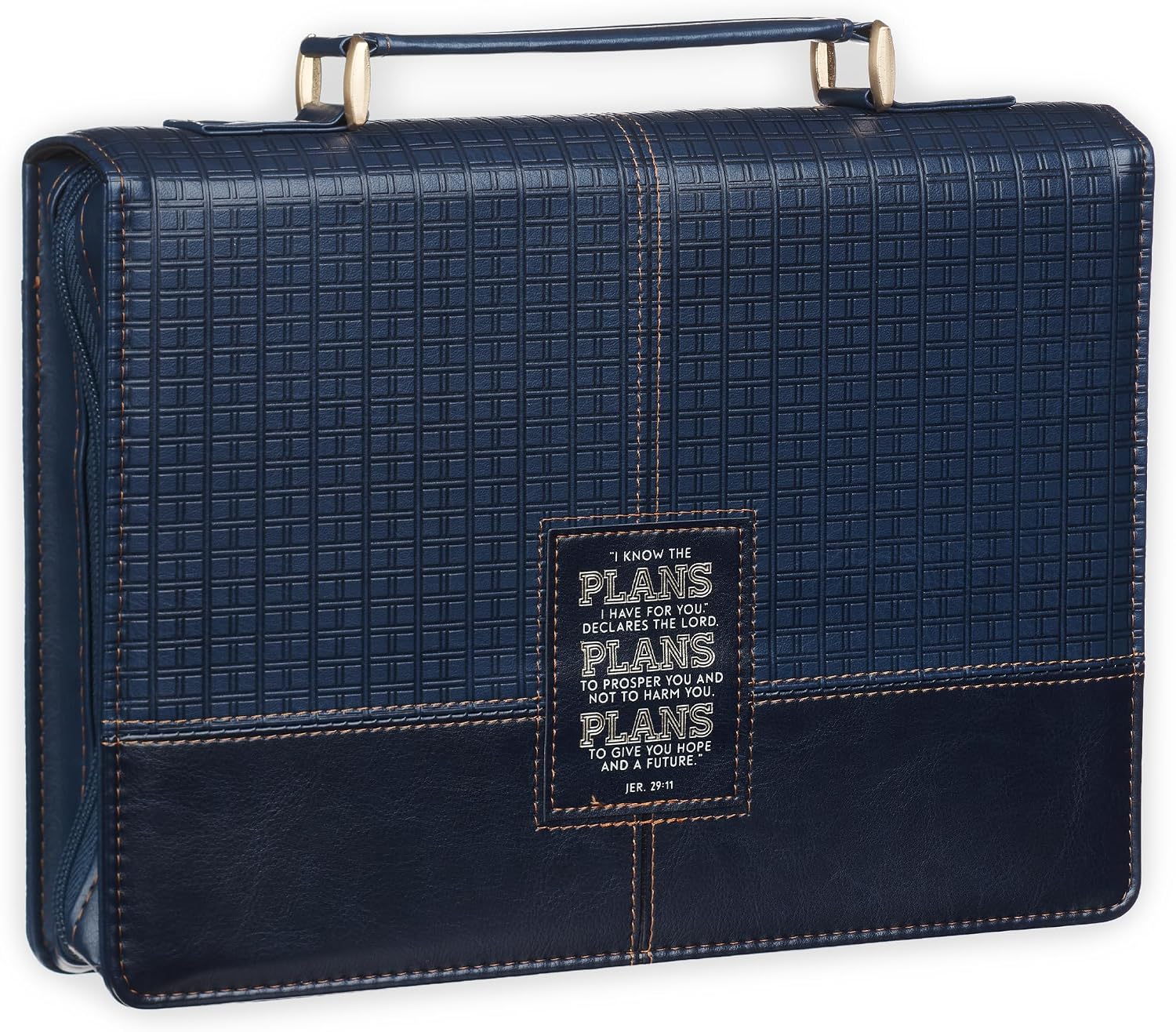 Christian Art Gifts Premium Vegan Leather Inspirational Scripture Bible Cover for Women, Men & Grads: Know the Plans Bible Verse, Easy Carry Zippered Case, Pen Loops, Pockets, Navy Blue & Gold, Large