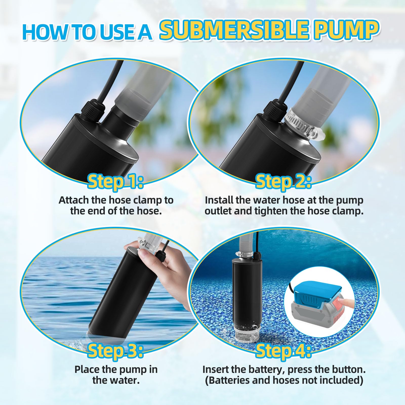 Bomba de agua sumergible a batería, compatible con batería Bosch de 18V, bomba de agua portátil con caudal de 475,5 GPH, bomba de elevación de agua de 15,1 pies para vaciar piscinas, para