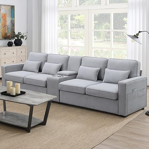 Upholstered Sofa Couch with Storageable Coffee Table and 2 Cupholders, 2 USB Ports Wired or Wirelessly Charged, Modern Linen Fabric Couches 4-Seat