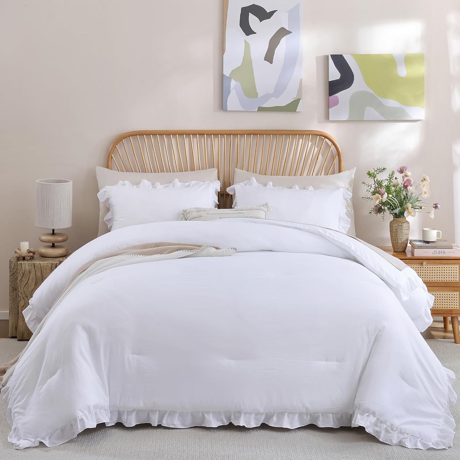 JANZAA King Size Comforter Set White Ruffled Comforter Set Soft Vintage Farmhouse Bed Beding Set Fluffy 3PCS Shabby Chic Bedding with 2 Pillowcases - Image 4
