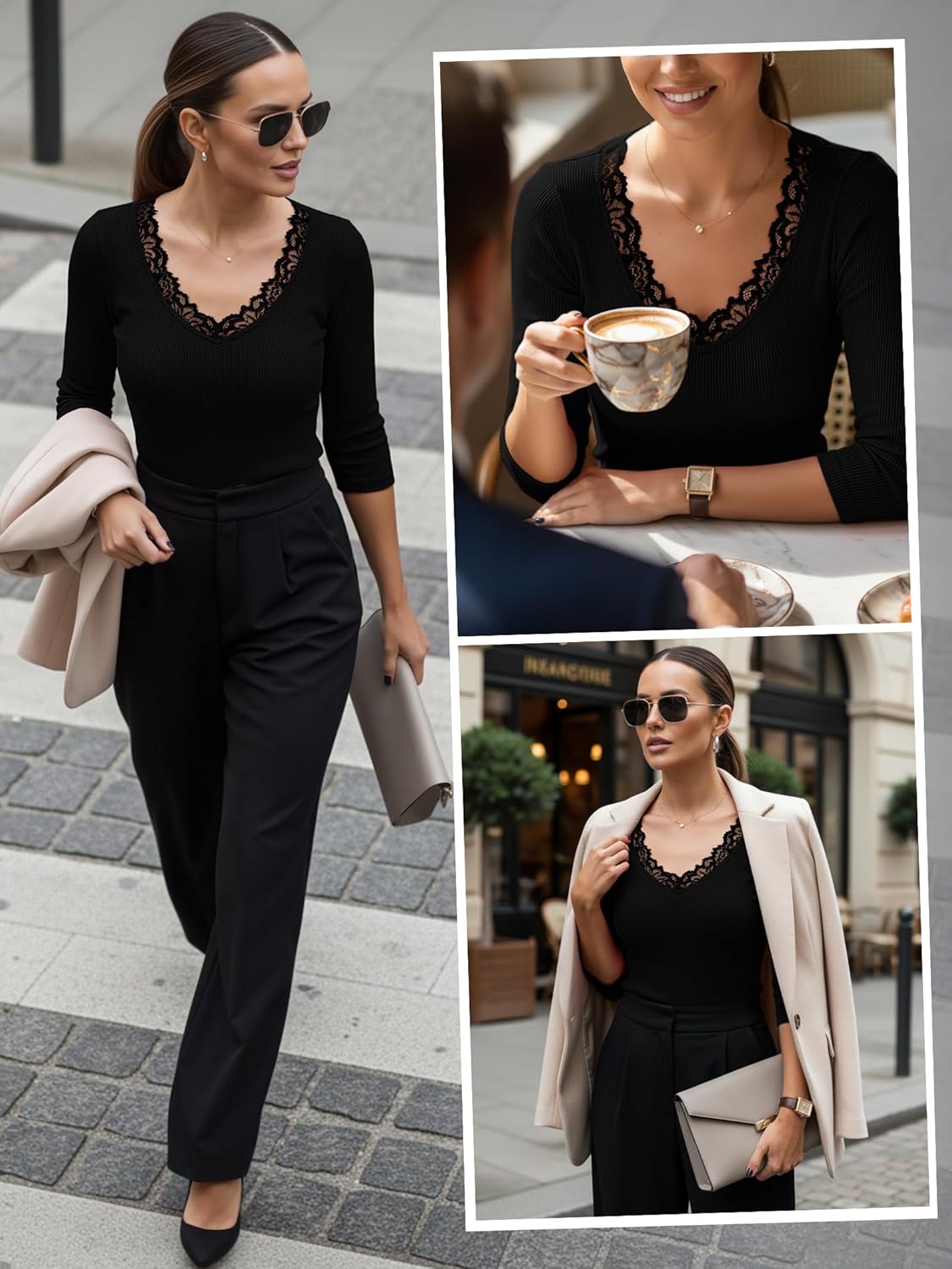 3/4 Length Sleeve Womens Tops Lace Sexy V Neck Ribbed Knit Fitted T Shirts Dressy Casual Blouses Going Out Tops - Image 5