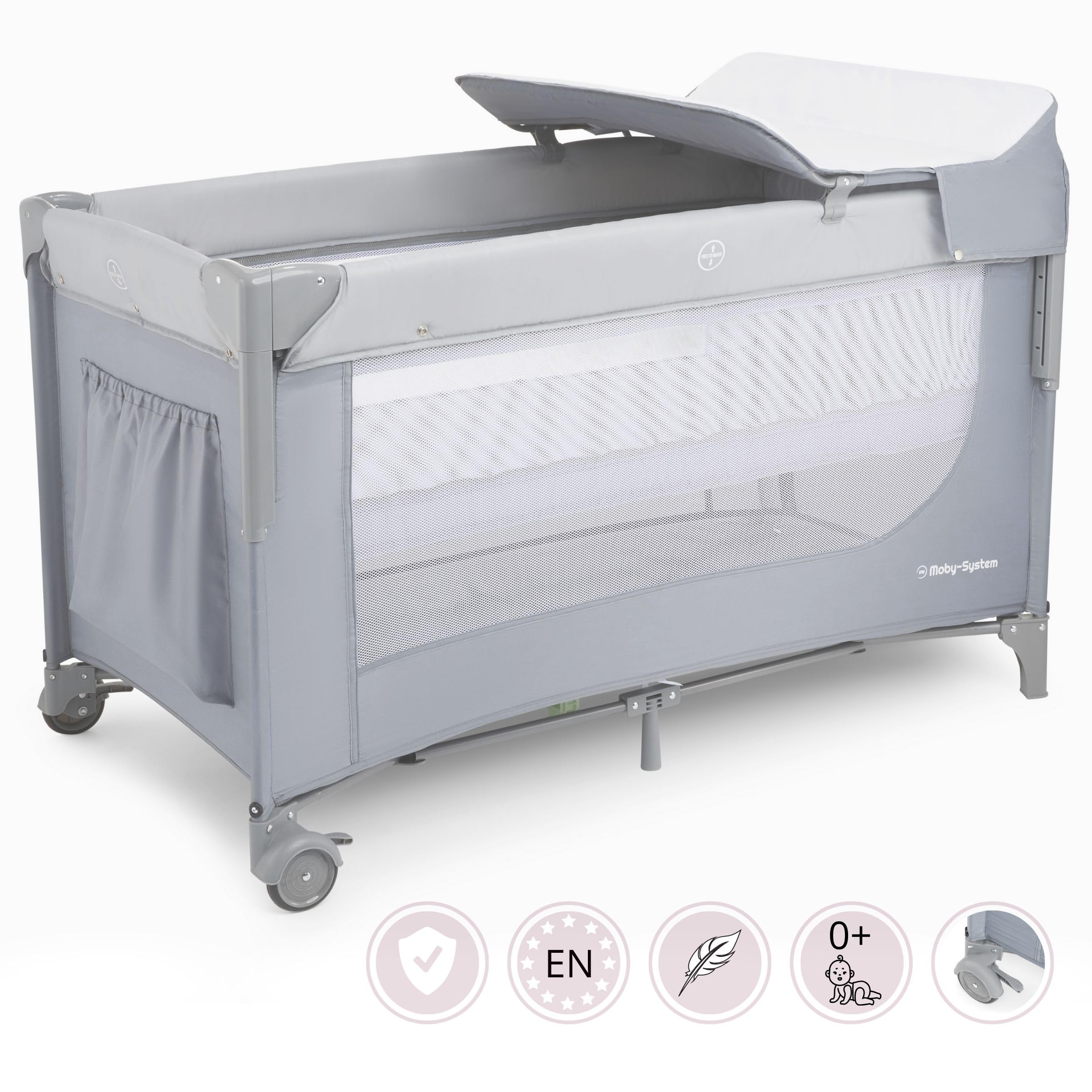 Moby-System Closely 3in1 Beistellbett Baby - Reisebett Baby mit Wickelauflage, Matratze, Transporttasche - Höhenverstellbares Beistellbett, Laufstall (6 Teile)