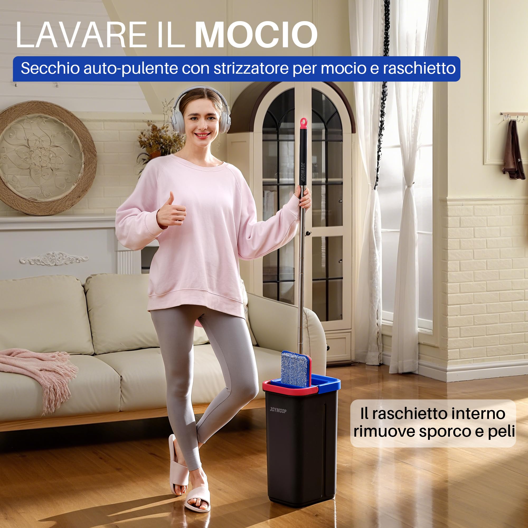 JOYMOOP set mocio lavapavimenti e secchio per casa, sistema autopulente mani libere, 3 panni in microfibra riutilizzabili, per pavimenti e pareti - Nero + Rosso + Blu Ardesia