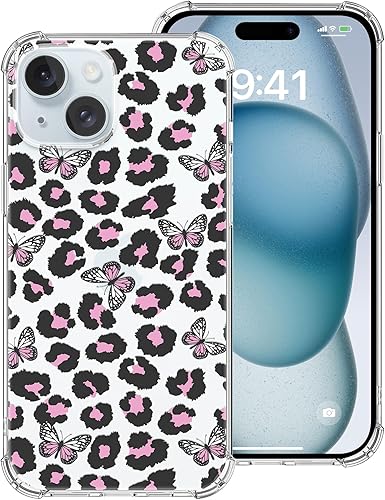 MSEAANBK Funda transparente con puntos de leopardo rosa, diseñada para iPhone 15 Plus, diseño de mariposa rosa, a la moda, para niñas y mujeres, 4