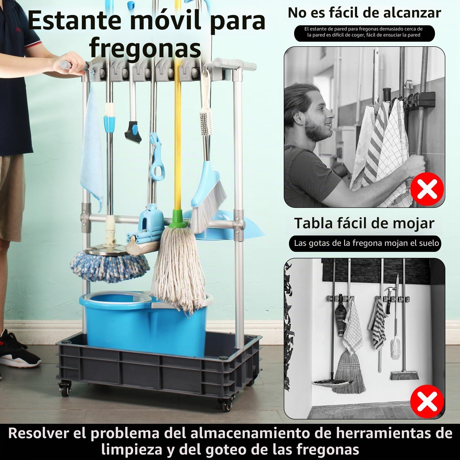 Soporte para escobas para fregonas, almacenamiento para dispositivos de limpieza, carrito de limpieza móvil, resuelve el problema de las mopas que gotean y suelos húmedos