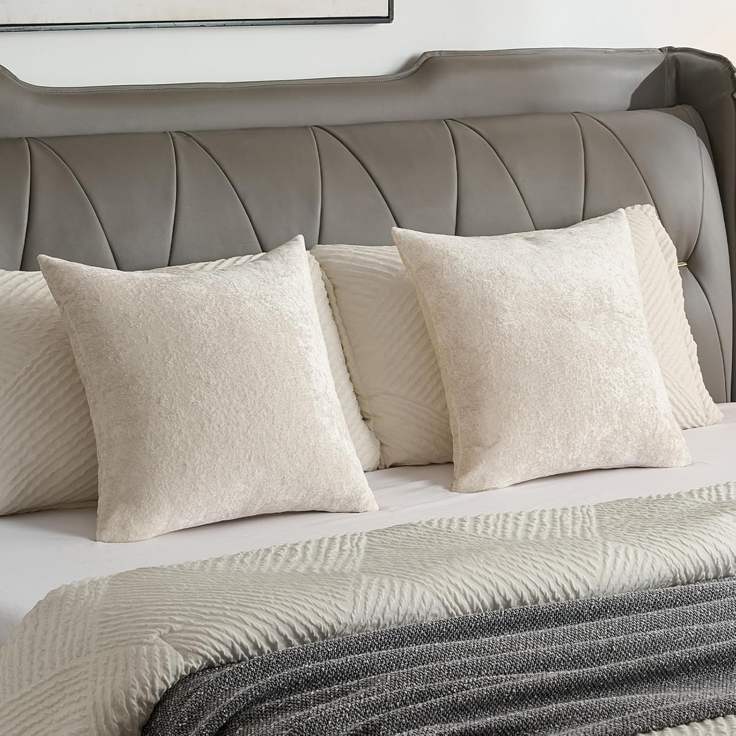 FUTEI Cream Flannel Throw Pillow Covers 18x18 Inch Set of 2,Soft Crushed Dimensional Textured Cushion Cases,Modern Home Decor for Couch Living Room - Image 6