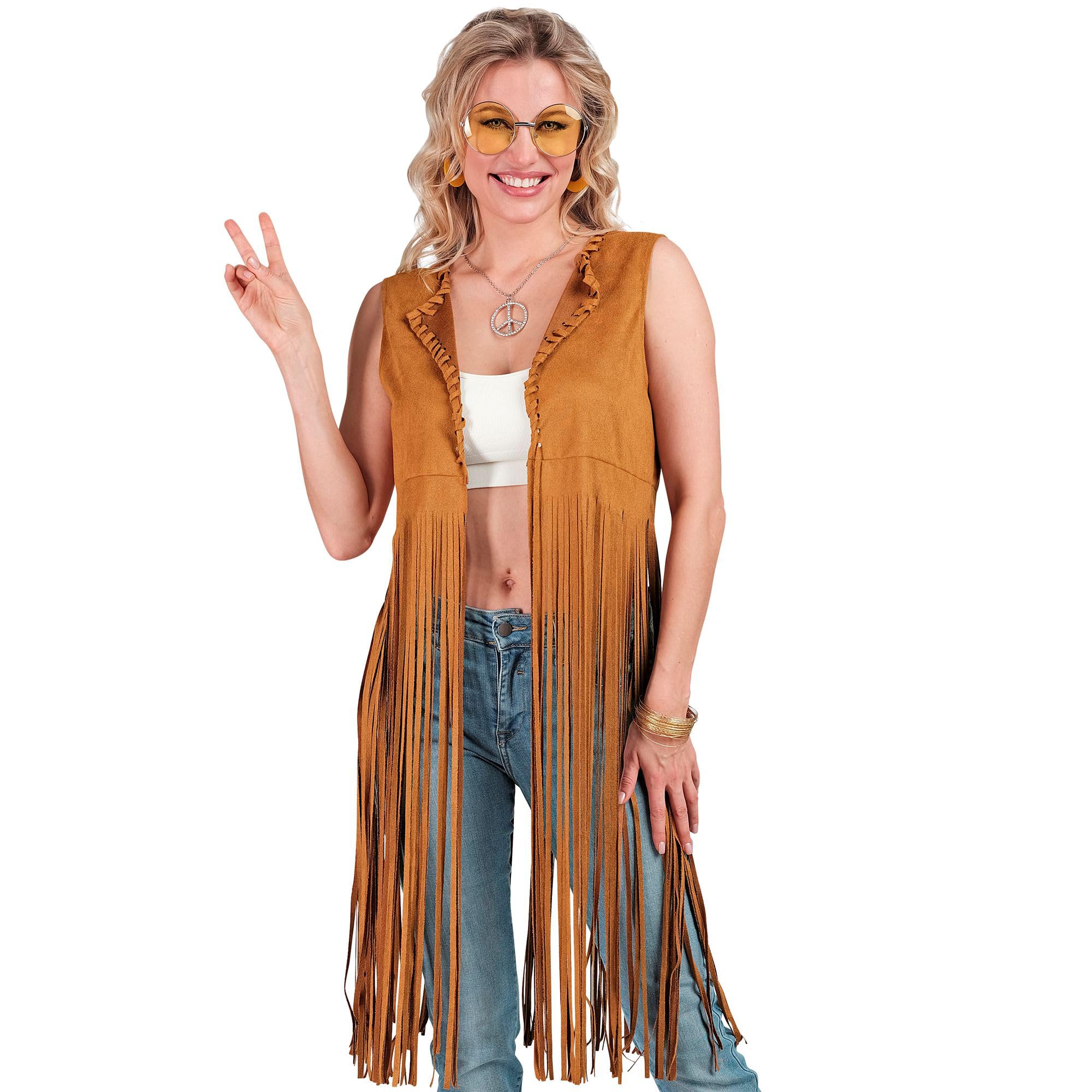 W WIDMANN MILANO Party Fashion - Costume hippie, gilet con frange da donna, marrone, completo da festival