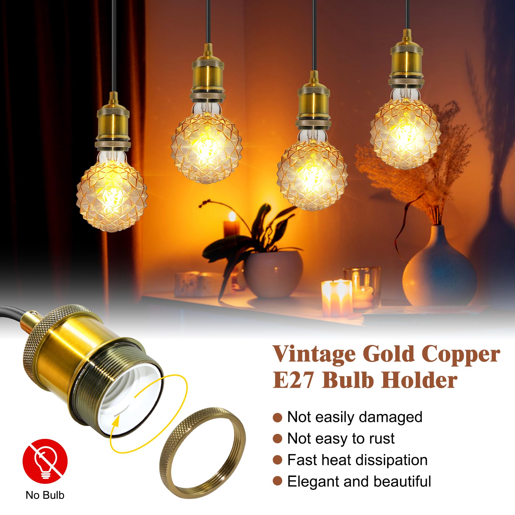 Vintage Brass Pendant Light Fitting, 5 M Black Round Cable Hanging Lamp with Plug in Cord - Image 3