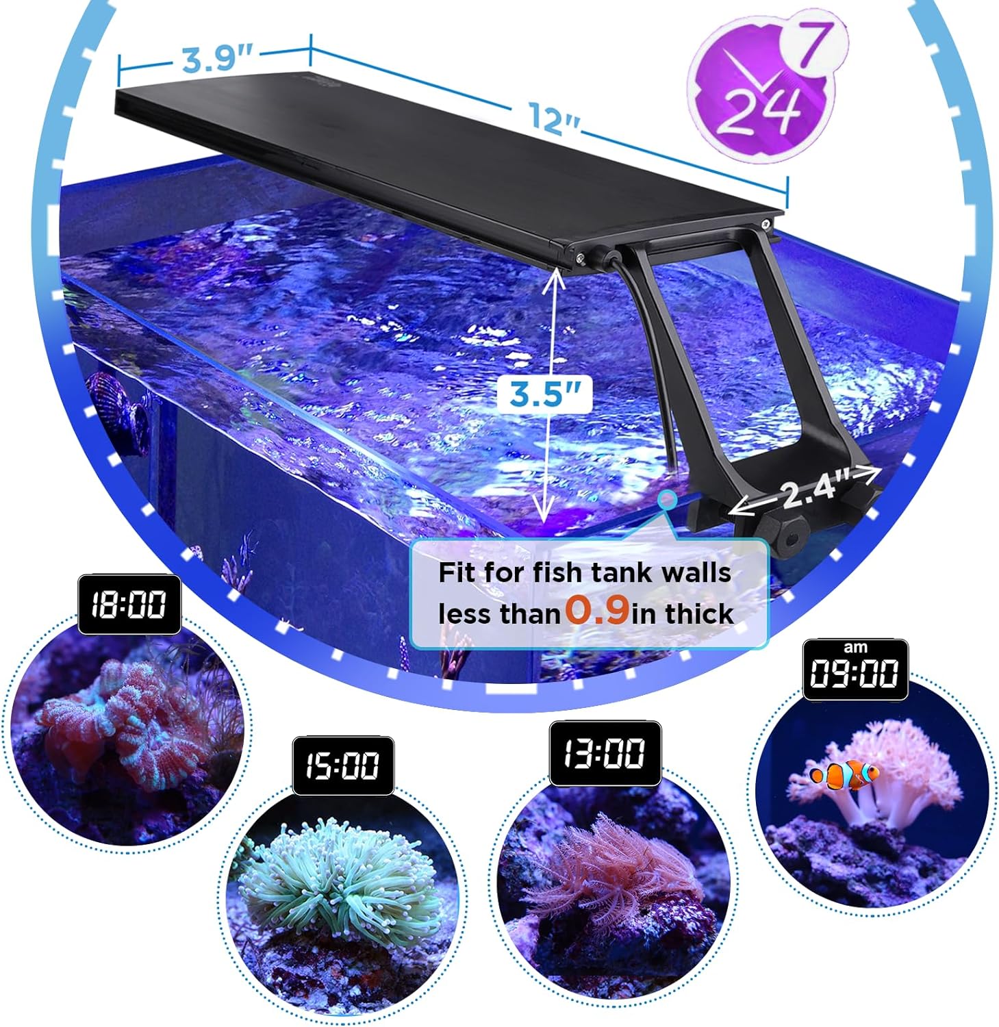 hygger Clip On 24/7 Saltwater Aquarium LED Light, 22W Sunrise-Daylight-Moonlight Mode and DIY Mode, Adjustable Timer Adjustable Brightness Fish Tank Light with 7 Colors for Coral Marine Tank